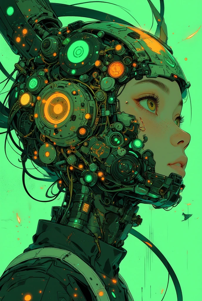 明るいgreen色の背景に複雑に連結された幾何学的な形や線が入り組んだ、visually exquisite and vivid Profile art of a woman,like a futuristic circuit board,various squares and rectangles in yellow, green, red, green is scattered all over,connected by thin lines as if forming a circuit,この複雑なパターンには時計の文字盤に似た2つのeye立つ円形の要素が埋め込まれている,one at the top and one at the bottom, Each has simple black needles and numbers,with intertwined small stars and planets,emphasizes the theme of cosmic or technical settings,the overall atmosphere is playful and technical,Orderly chaos,the intersection of art and technology,digital cyberpunk anime art,Organic Anime Robot Mix,  Cyberpunk Anime Art , CMYK palette,detailed anime artwork,eye、nose、mouth、cheek、Ears have a human texture,