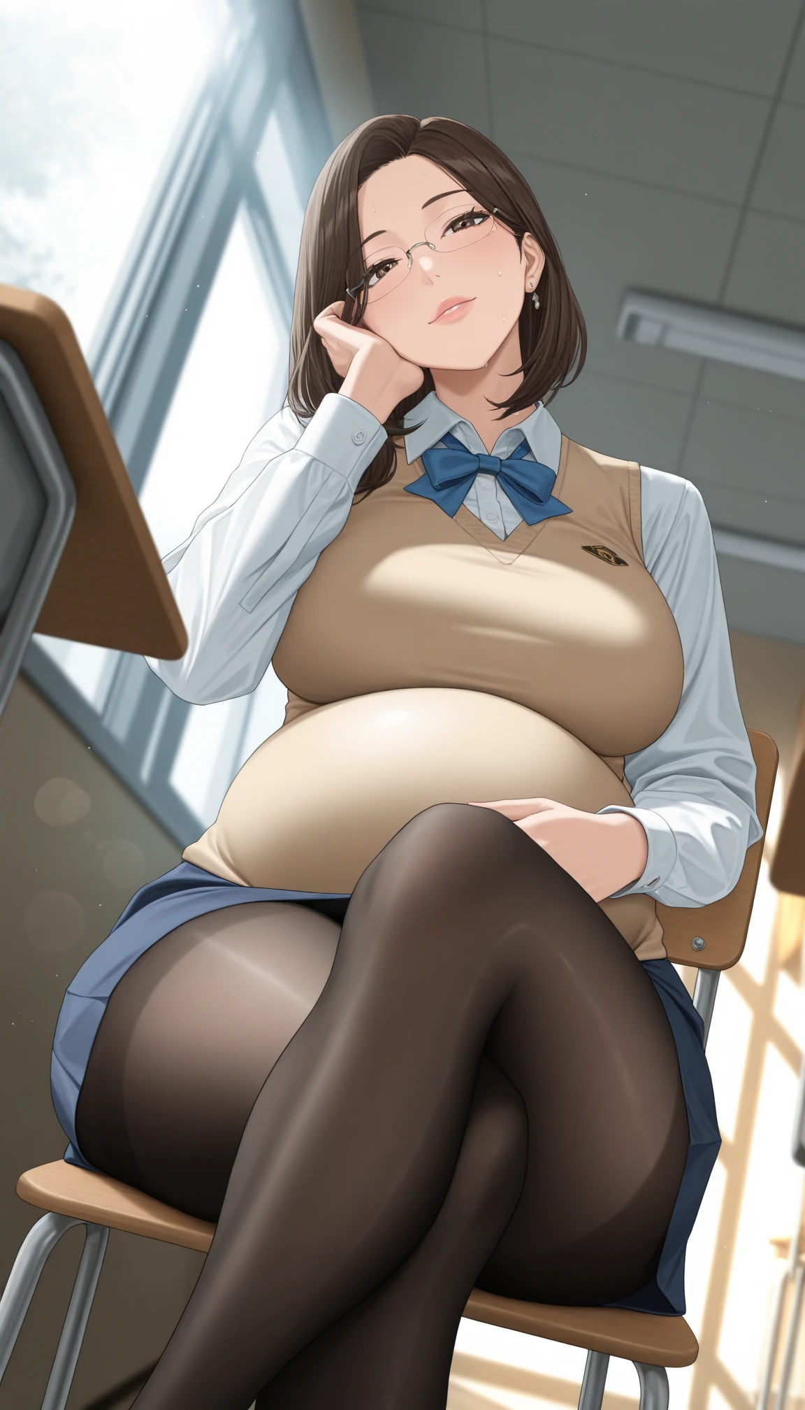 (masterpiece, best quality, highres, absurdres), 1girl, big belly, chubby arms, thighs, art by kipteitei, uniform, brown hair, black knee high skirt, white button up shirt, bow, armband, digital media player, headphones, chubby, embarrassed, flushed, sitting down with legs together, poking belly, shirt buttons popping