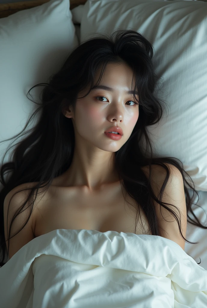 (photorealism:1.2), beautiful woman, on the bed, without clothes, straight black hair