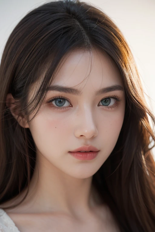 Pale face and eyes、Thin face and blue eyes、(8k, High resolution, High resolution), ((((photograph, RAWphotograph, Hyperrealism, masterpiece, highest quality, ultra High resolution)))), (Pin Light, Backlight, Backlight, Cinematic Light), Sharp focus:1. 4, (Hyper Detail, In detail), face close, close,
One girl, Oval face with cat-like eyes, Small, plump lips, Straight and pretty nose, Cheekbones are slightly red, Thick eyebrows and long, beautiful eyelashes.