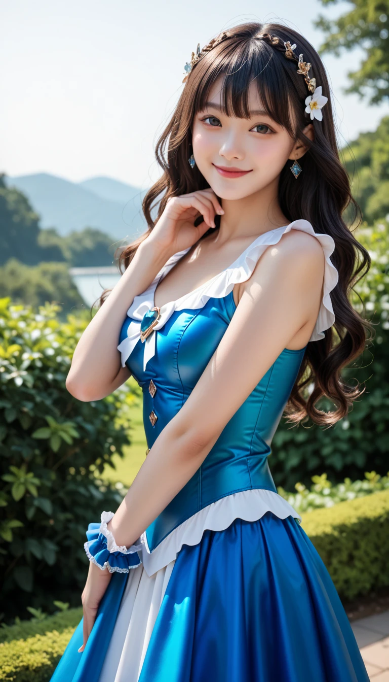 (Supervision CG, Unified 8K Wallpaper), (masutepiece), (Best Quality), (Super Detail), (Best Shadow), (Photorealistic:1.5), Realistic human skin, Lens Flare, Shade, Backlight, bloom, depth of fields, Natural light, Hard Focus, Film grain, Neat and pretty body shape, Slender waist, (Happy smile:1.5), Full body, (Very detailed eyes and face), large earring, (Very cute), (Big eyes), (thin legs), (Beautiful Detail Face), (Beautiful detail eyes), (Japanese Idol:1.2), 21 years old, Gal, (Shiny brown hair:1.3), (Very long hair: 1.3) (Wavy Hair: 1.2),(Realistic background,Live Stage,plein air ,Starry Night,More clouds:1.5),thin legs,thin waist,Thin thighs, Beautiful Detail Lip,symmetrical lips,alluring face,(Huge breasts:1.5), (symmetrical lips:1.2), (Leaning forward, revealing cleavage, Cowboy Shot: 1.5), (One Woman, Solo,Sing with a microphone,Luxurious colorful frain dresses , Gorgeous and seductive bare shoulder ruffle top,idol costume,Sing with a microphone:1.5), (Red, Blue, Purple, pink there, verdant, Black, blanche, orange, Blue eyes), (Beautiful detailed oval face,a small face:1.3), (Beautiful detailed big eyes), (masutepiece: 1.4, Highest Quality), (masutepiece, Highest Quality), (photographrealistic: 1.4), Perfect Anatomy, Correct anatomy, Perfect proportions, Perfect face, Perfect hands, Perfect legs, Perfect fingers, Perfect hands, Perfect Abs, (Natural makeup: 1.2), sluggish,,