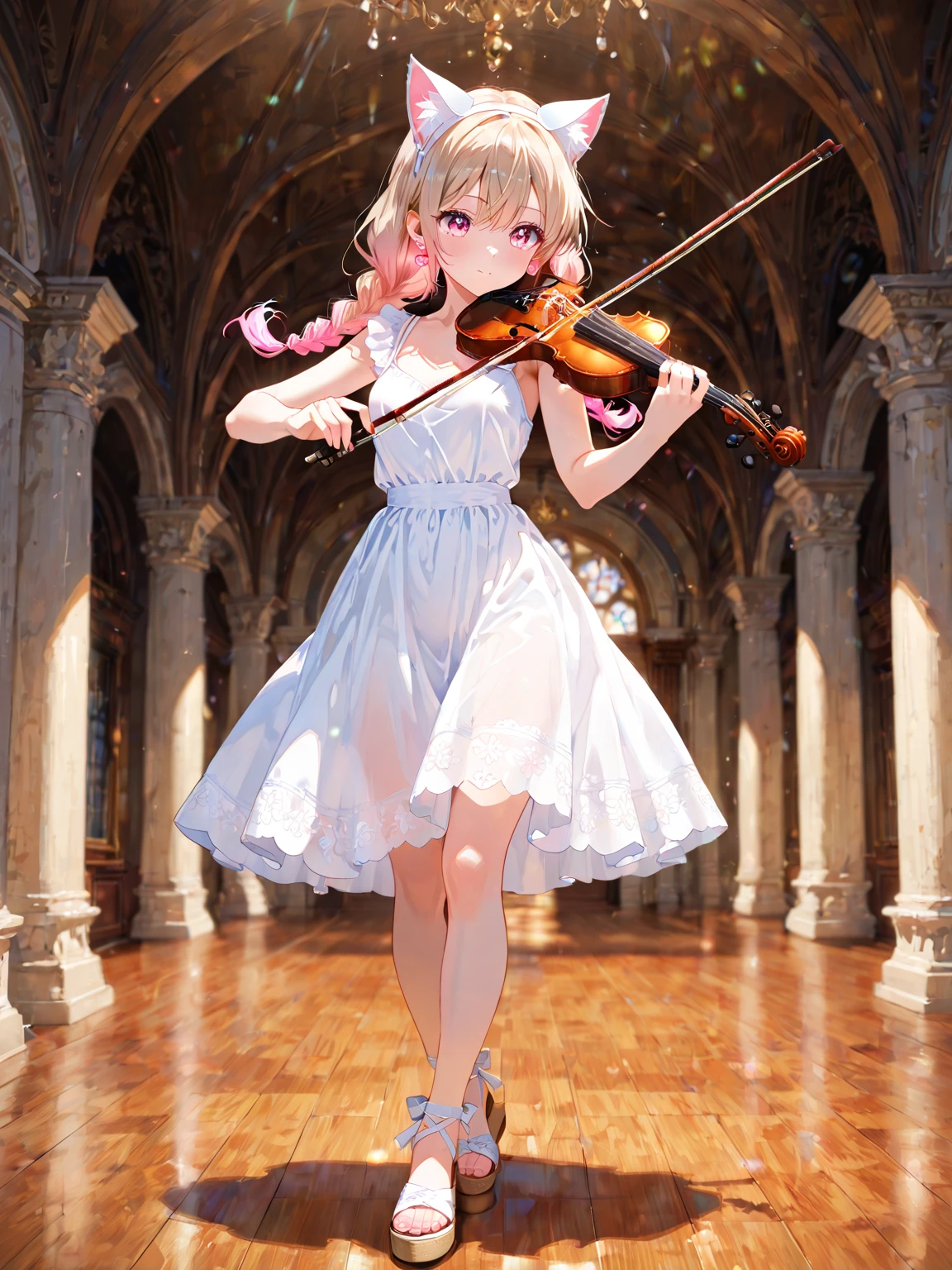 1girl, ass, solo, hair ornament, breasts, playing violin,flower, blonde hair, hair flower, thighhighs, yellow eyes, bare shoulders,white legwear, gloves, dress, short hair with long locks, sky, white dress, outdoors, black gloves, white flower, medium breasts, leotard, short hair, bangs, standing, 
<lora:PVC_X2-000006:1>