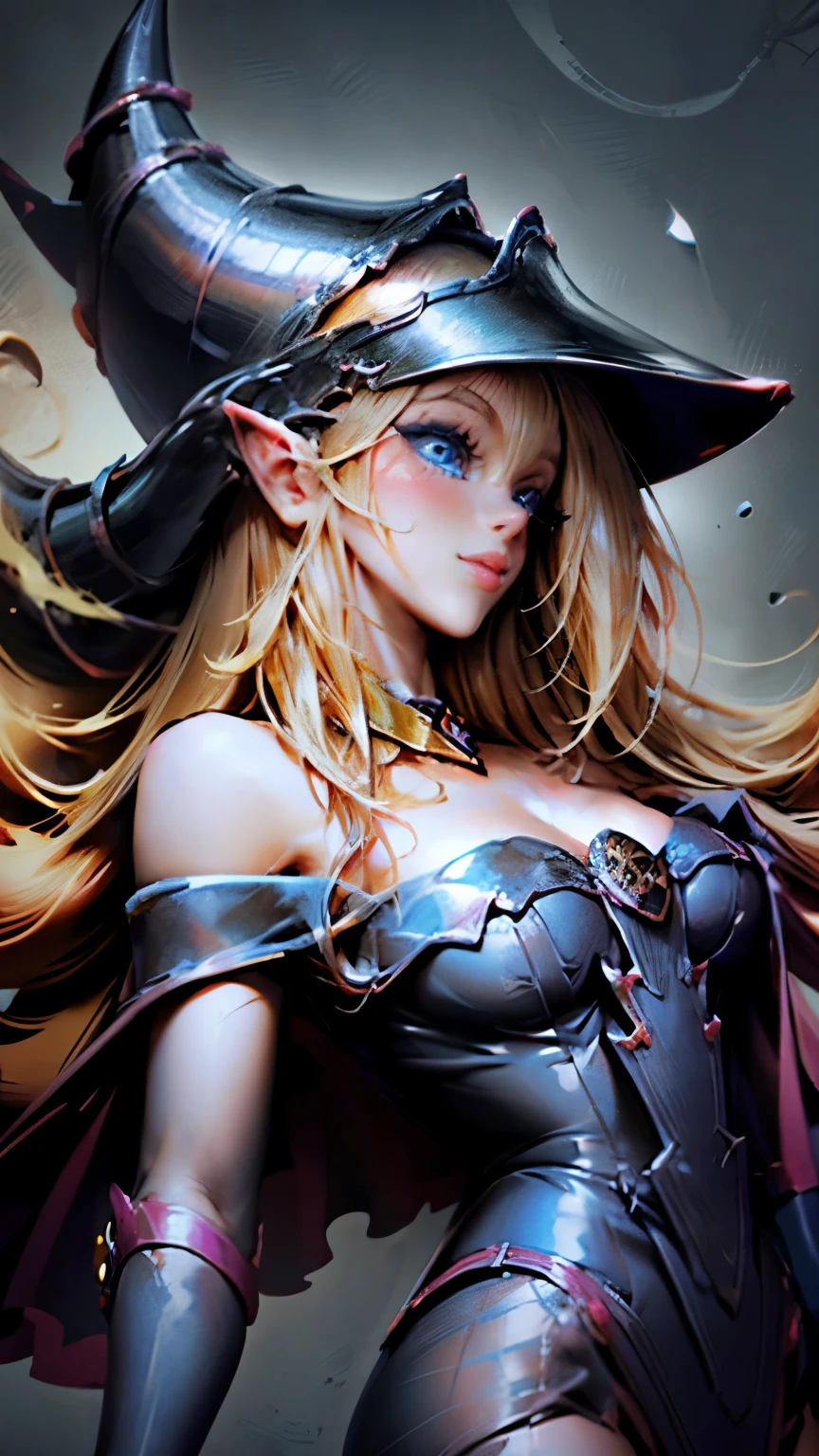 Beautiful Witch Blonde Focused and Concetrated and Determined Girl with two golden sharped swords in her hands with a Beautiful Long Blonde Hair wearing a Witch Hat and wearing a Witch Chestplate Armor wearing Gloves with Jewelry Earrings with Pose Profile with the Best Quality with High Details with Textured Skin as a Masterpiece in a High Resolution in 8K Quality, Good Quality