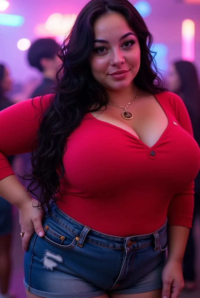 Chubby fat bbw nerdy latina young woman (20 years old), chubby belly, long straight black hair, wearing sexy black dress, Golden necklace,man hugging from behind, romantic kissing, passion Kiss,with several tall men, 4 men, in nigth club, discoteque, dark lights, smiley expression,view from the side