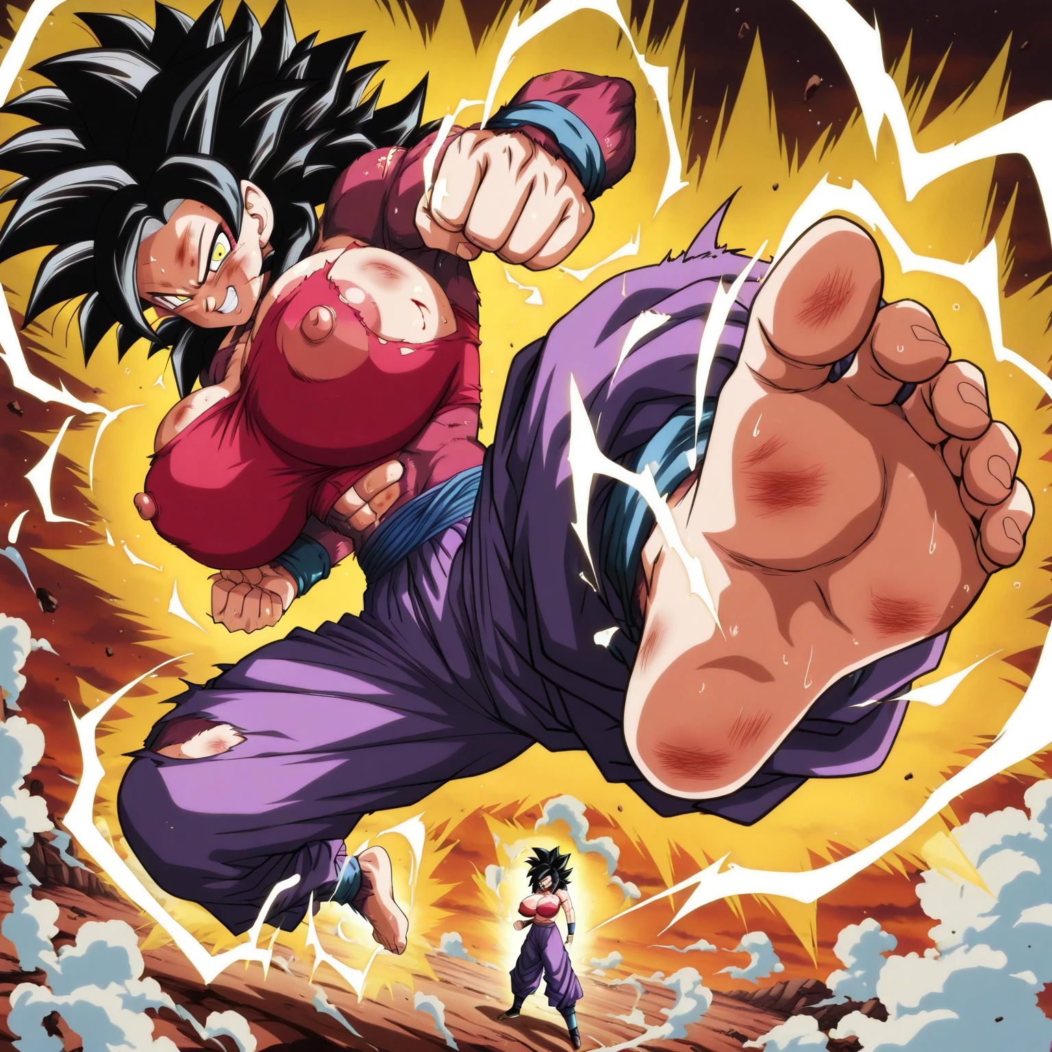 ((barefoot)),((kick:8)),(( 2 women 1 :8)),((Barefoot)),((大きな足の裏を見せるkick1:8)),(((huge breast1:4))),(( 2 women 1:8)),(( 2 women 1:8)),(( 2 women 1:8)),(( 2 women 1:8)), anime screencaps, masterpiece, Highest Quality, amazing quality, very beautiful, extremely high resolution,  Newest, (Scenery, Volumetric Lighting),(Dragon Ball\), Multiverse, Super Saiyan 2, 1990s \(style\), Anime Coloring, retro art style,  chest, Areola,Smiling face,is watching viewers, Blonde, belly button, green eyes,  Blood, Spike Hair,, Injury, electricity, golden aura,((Abs1:2)) ((bruise 1:8)), ((Gigantic torn clothes 1:8)),((Abs)),((Barefoot)),((大きな足の裏を見せるkick1:8)),
 (巨大なchest1:8),(big breast implants1:8),((erect nipples and clitoris 1:8)),(((gigantic camel toe1:8)),((Puffy nipples)),((非常に巨大なAreola1:8)),((chestが上下に揺れる1:8)).Super_Saiyan_4_Caulifla, 1girl, long black hair, body fur, red fur, yellow eyes, crop top, purple pants,
masterpiece, Highest Quality, amazing quality, very beautiful, extremely high resolution,  Newest, (Scenery, Volumetric Lighting),, punching, incoming attack, incoming punch,angle from below in thick white smoke