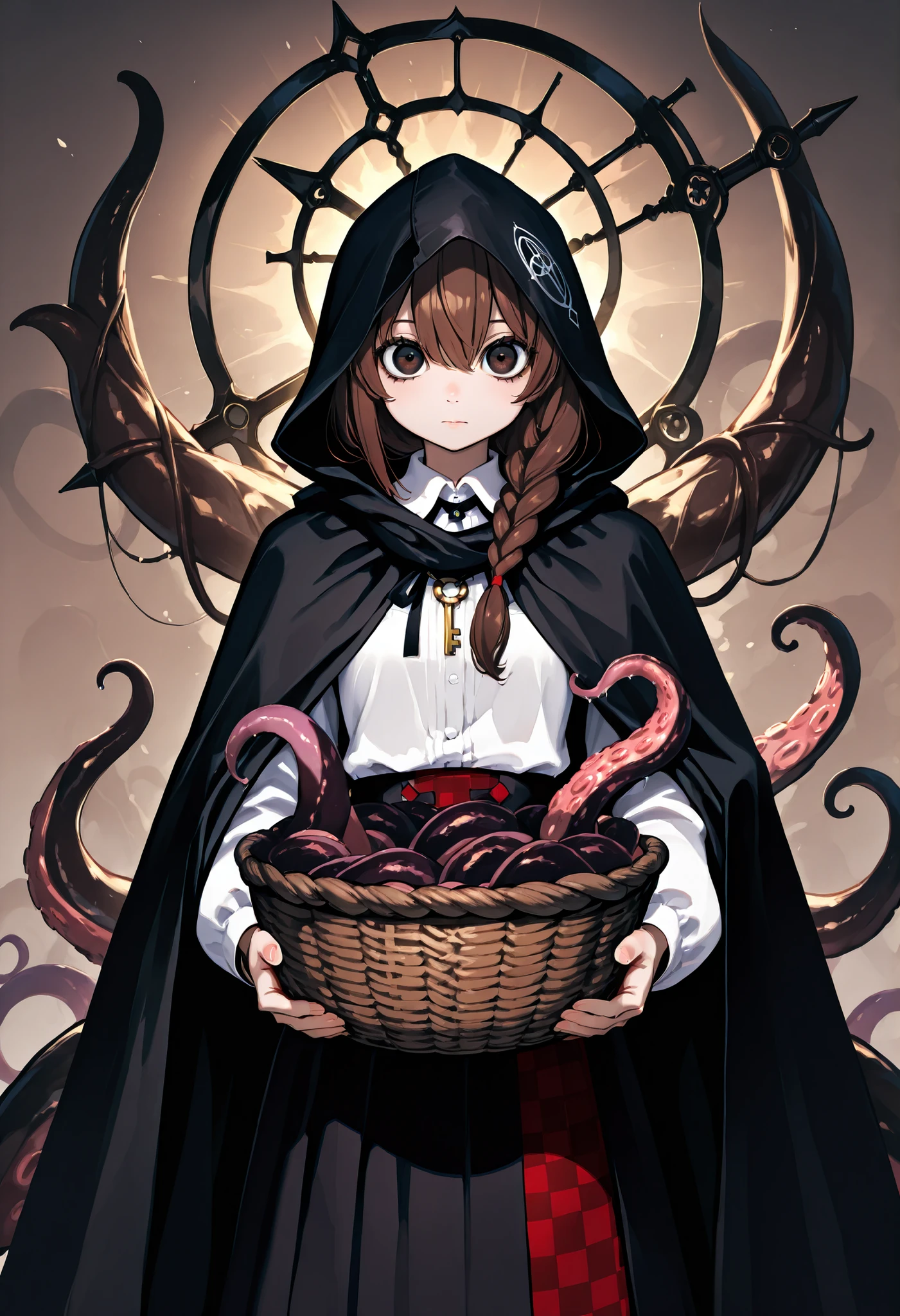 A girl carrying a large weapon. Brown hair. Single braid. Black hood. Large eyes. Black cloak. White blouse. Checkered skirt. Key-shaped weapon. Jagged edges. A basket containing a tentacle monster.