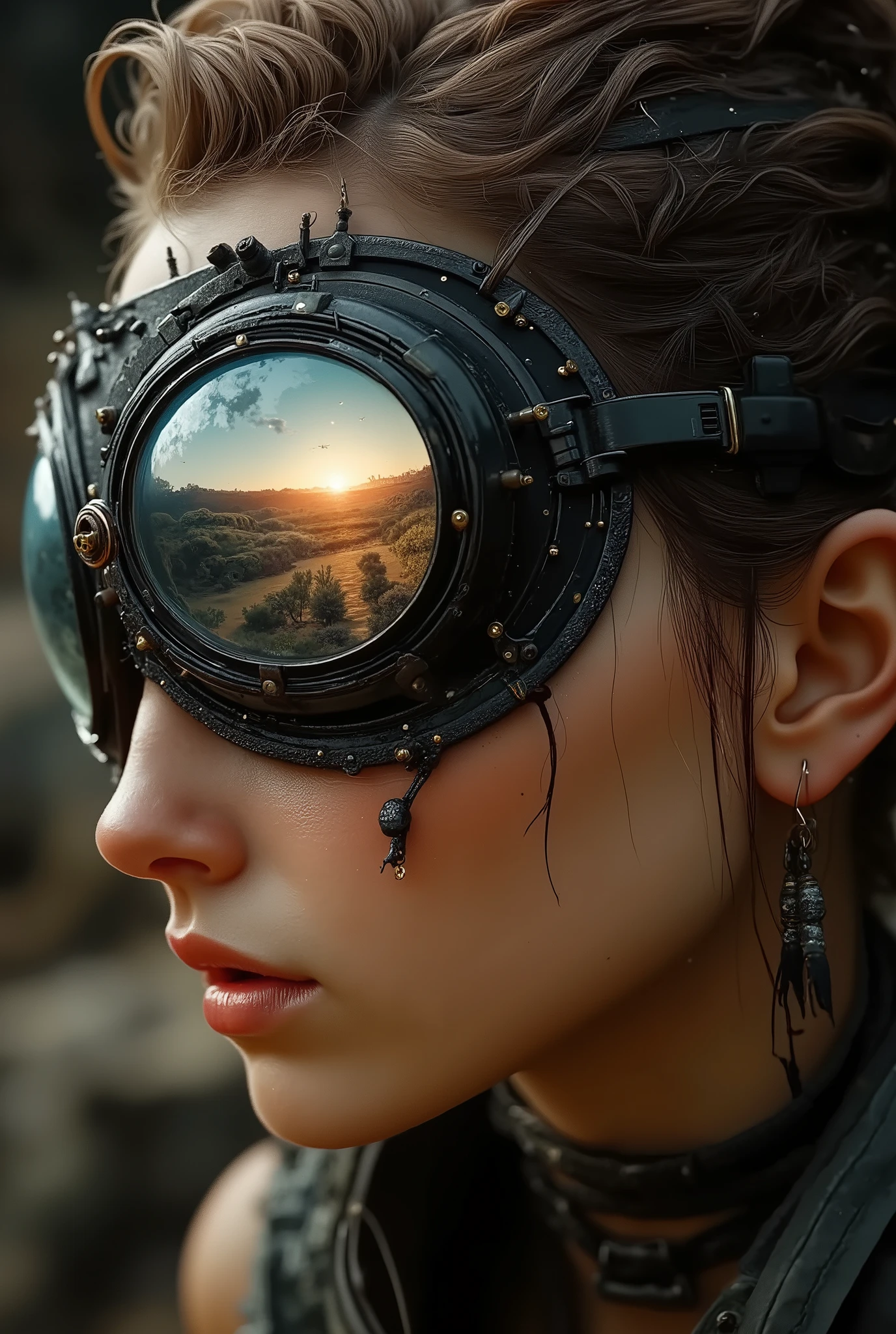 8k, Masterpiece, Top Quality, close-up, woman, young, smooth skin, defined eyebrows, full pink coral lips, dark brown hair pulled back, wearing large round black-framed goggles with sparkling miniature landscape diorama lenses glowing red points and metallic side details with red gems, dangle earrings with patterned beads, neutral pensive expression, looking down and slightly to the side, wearing dark sheer lace high-necked top with subtle sparkles, soft diffused natural light, softly blurred natural scenery background.