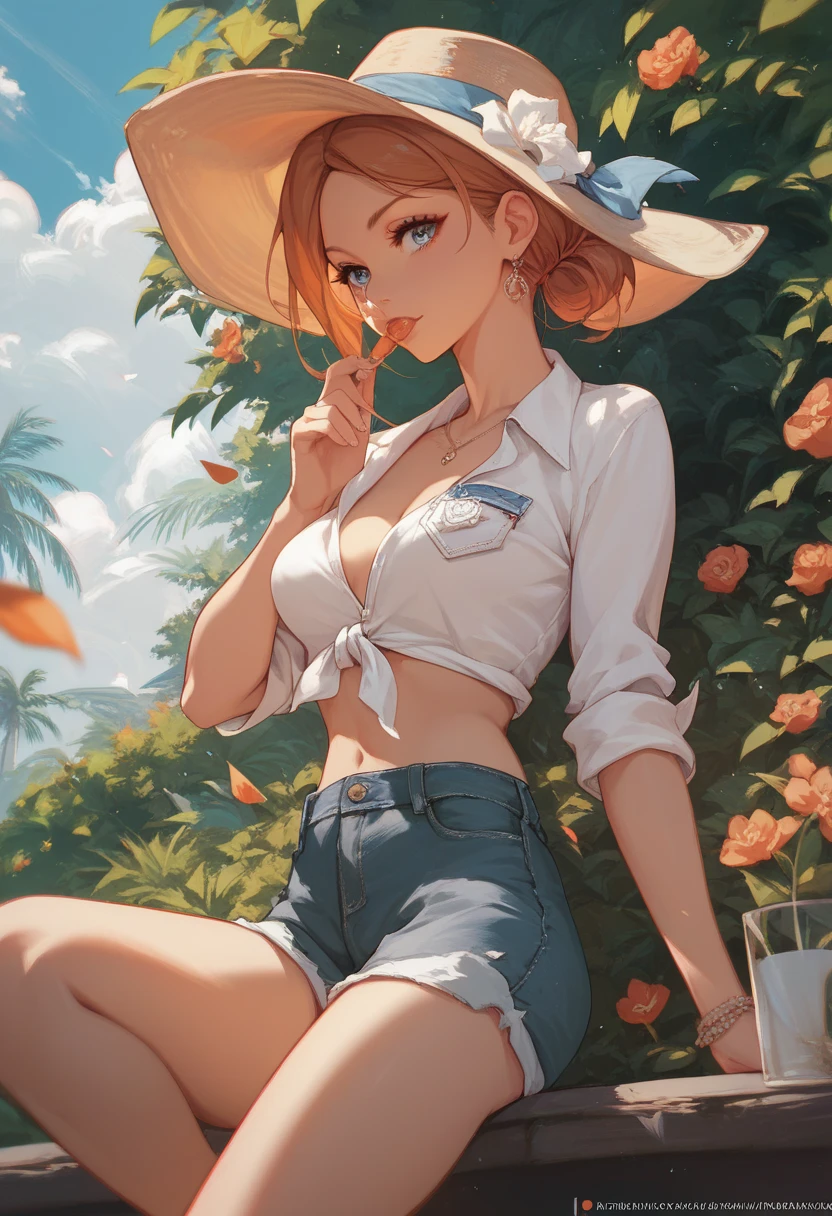 A wide-angle view of a rural landscape on a hot summer afternoon, with the sun shining brightly in the clear blue sky. In the middle of a vast, green rice field, a simple wooden bench sits alone, isolated from any nearby roads or buildings. A woman in her 30s is sitting on the bench, depicted very small in the scene, occupying only about one-eighth of the canvas. She is wearing a white patterned bikini, a wide-brimmed hat, and stylish sunglasses to shield herself from the sun. Her blonde hair peeks out from under the hat, slightly tousled by the gentle summer breeze. The lighting is warm and bright, casting soft shadows and highlighting her sun-kissed skin. The expansive rice fields stretch out in every direction, with the distant hills and clear sky creating a serene yet slightly surreal atmosphere. The overall composition emphasizes the vastness and isolation of the landscape, with the small figure of the woman blending into the tranquil setting, reminiscent of a classical painting with a Ghibli-style color palette and an emphasis on realism and charm. Masterpiece, Highest quality, Anime Style.