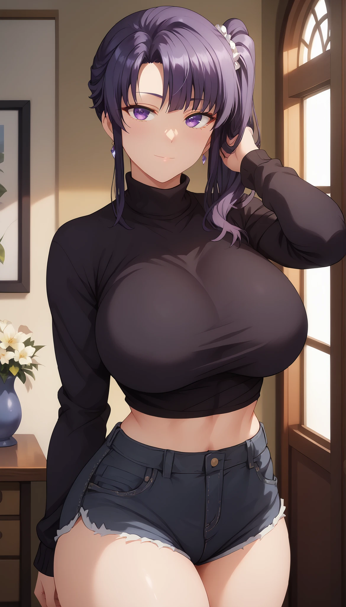 Sakura Miyajima,
最high quality, masterpiece, Very detailed, high quality, high resolution, A girl, Purple hair, side ponytail, purple eyes, earrings, beautiful, beautiful and perfect face, Naughty, View your audience, black sweater, turtleneck, long sleeves, light denim shorts, Big Breasts, Big Ass, Standing, at ryokan, Indoors, thick thighs, cowboy shot, from the front