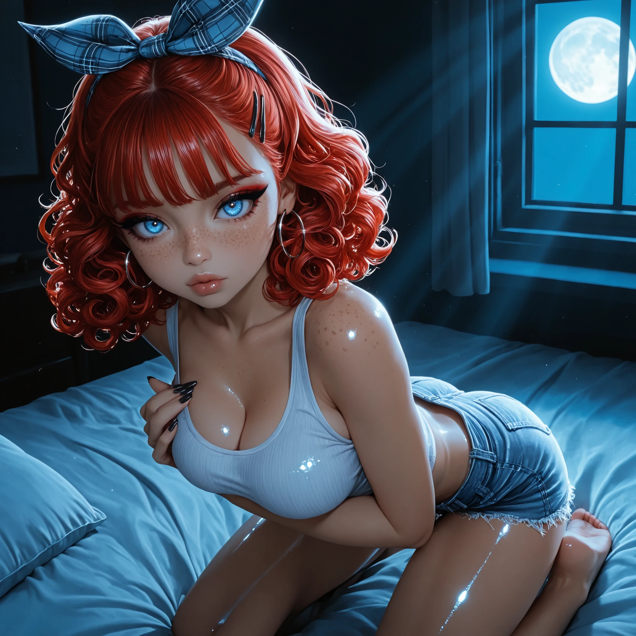 1girl, Solo, black pointy nails, hands on breasts, nightime, moon in window, soft white blue light, kneeling on bed, sitting up straight, shiny lip gloss, cute freckles, heavy eyeliner, shiny lips, tight tank top, tight short jean shorts, High Resolution, looking at viewer, Bangs, plaid Hair Bow, Masterpiece, High Resolution, Anatomically Correct, Detail, High Details, High Quality, large round breasts, Hoop Earrings, Hair Ribbon, Jewelry, Hair Clip, Backlighting, Bloom, Cinematic Lighting, God Rays, Beautiful Young girl, Babyface, glossy lips, skinny, redhead, curly hair, in bedroom, influencer, model, blue eyes,