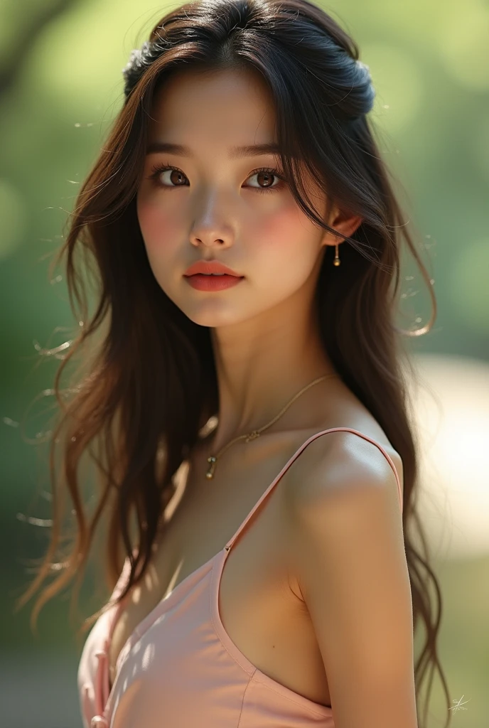 A superb exquisite real beautiful girl, natural straight hair, extremely delicate, straight facial features, peerless beautiful girl, soft, dreamy quality, light white and dark brown, exaggerated facial features, solid color, frank holly, delicate face, bright lips slightly open, slender waist, soft curves, naked, real light and shadow, super fine, 4k, natural moving, realistic, Ultra high resolution,(at the outdoor:1.4), (nsfw:1.4)