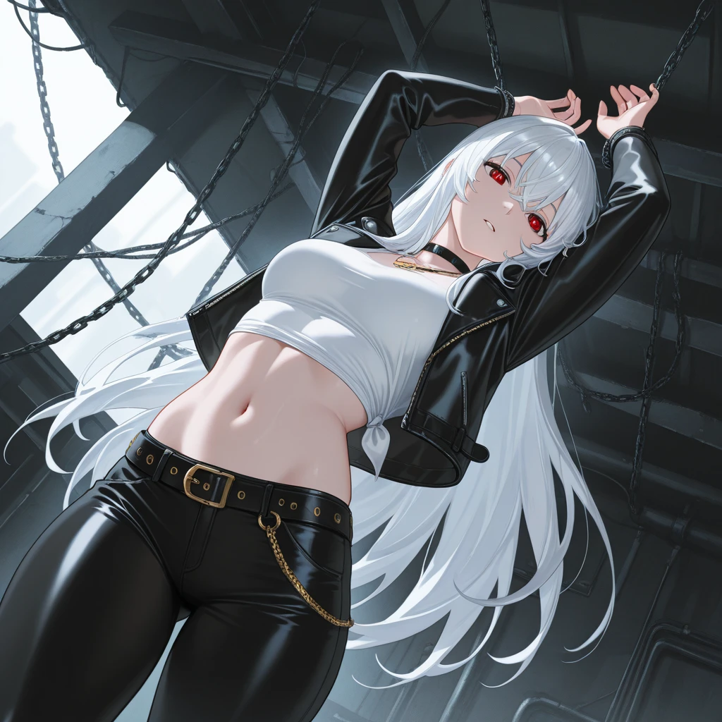 young girl, Long white hair, cat ears, violet eyes, leather jacket, briefs, tear stockings, Black Top, open belly, Lots of scars, Chlaost, claws, Solder, Masterpiece, hiquality