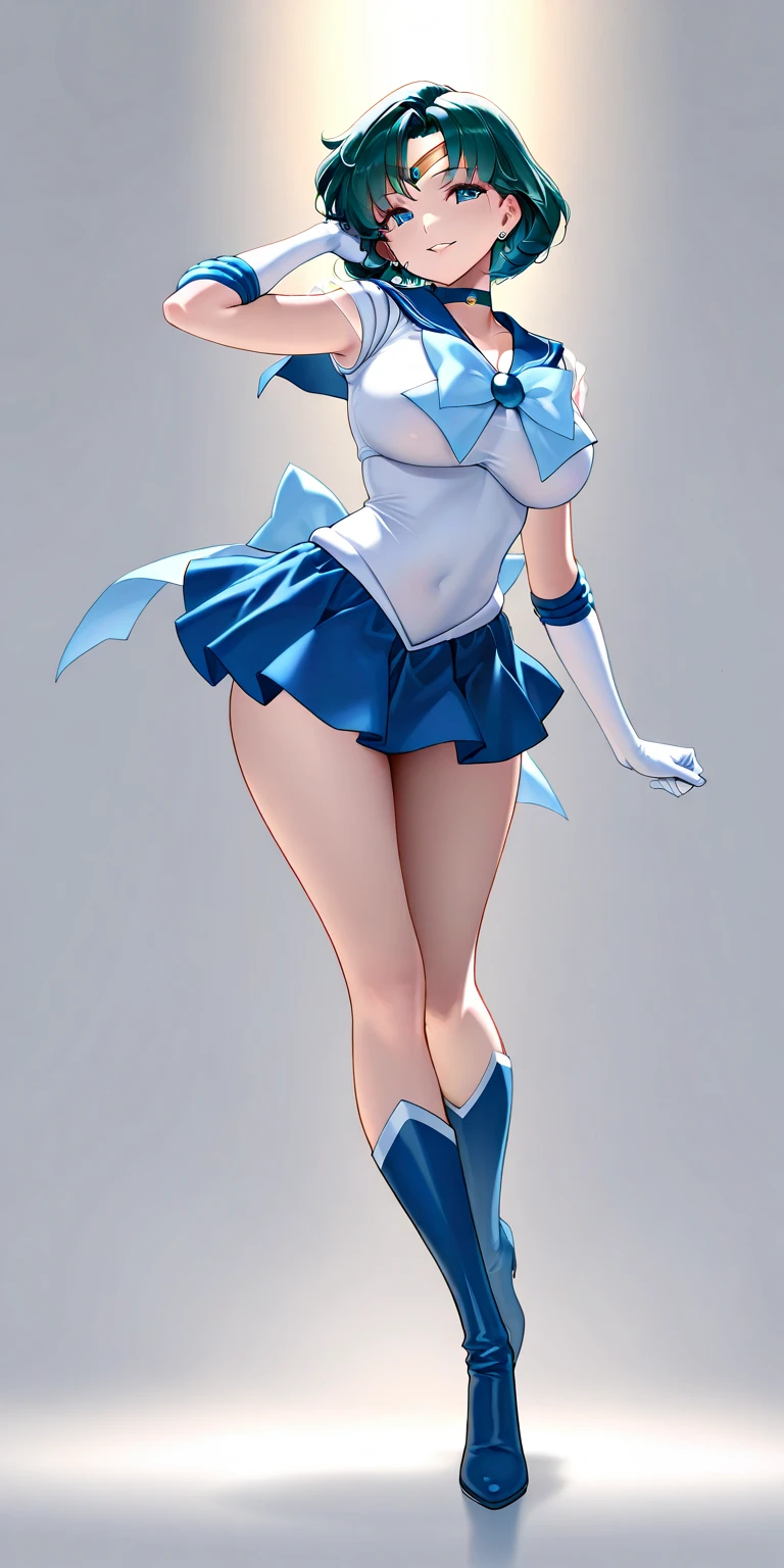 masutepiece, Best Quality, 1girl in, (Sailor Mercury),lightblue hair, (black eyes:1.2),((bunnygirl))、((leotard))、((embarassed expression))、((fullmoon))、((Photo from below))、(((pantyhose)))、((Short Hair Hair))、((White Long Gloves))、((open one's legs))、((rabbitears))、((tiarra))