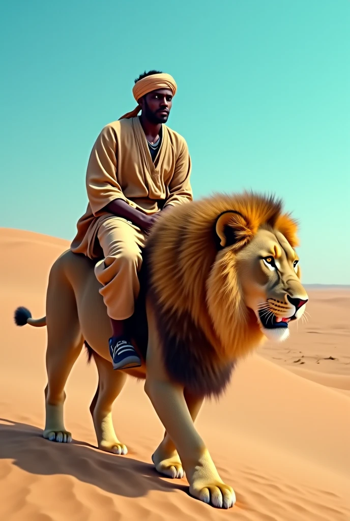 Guerreiro africano, pele clara, majo, jovem, parte superior do corpo musculosa, no meio do deserto tropical, no deserto, palmeiras, Walking with a lion, Walks with a lion, lion with mane, big lion, King lion, espada africana, two african swords, tattoos, lightskin King, espadas lindas, tattoo no peito, sem camisola, tronco nu, parte superior nua, Muscle, bigode pequeno, bigode alinhado, barba no queixo, barbicha feita, barbicha bonita, white trousers, low hair, cabelo cortado, cabelo bonito, cabelo alinhado, walks on the sand barefoot, colar com a Cruz, textura natural da pele, Texturas 4k, espada africana, soft Cinematic Light, Foto RAW, renderizado, fotorrealista, intrincado, elegante, altamente detalhado, foco nítido, cinematic look, tons suaves, detalhes insanos, detalhes intrincados, hiperdetalhado, baixo contraste, soft Cinematic Light, cores escuras, exposure blending, HDR