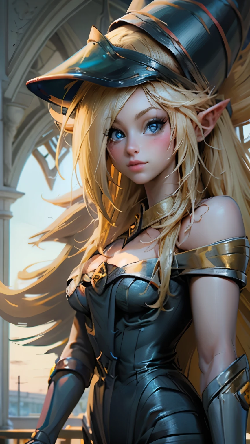 Close-up of the beautiful face of the dark magician girl, blonde, Blue eyes, beautiful. Extra long eyelashes. Blue eyes cristalinos. brio in the eyes. sensual lips. long blonde hair. Exposed shoulders, visible breasts. small pink nipples. naked. Big naked breasts Angelic smile, Beautiful well detailed face of the dark wizard Gils.. She is flirtatious with the viewer... Long and large eyelashes. Half body focus.