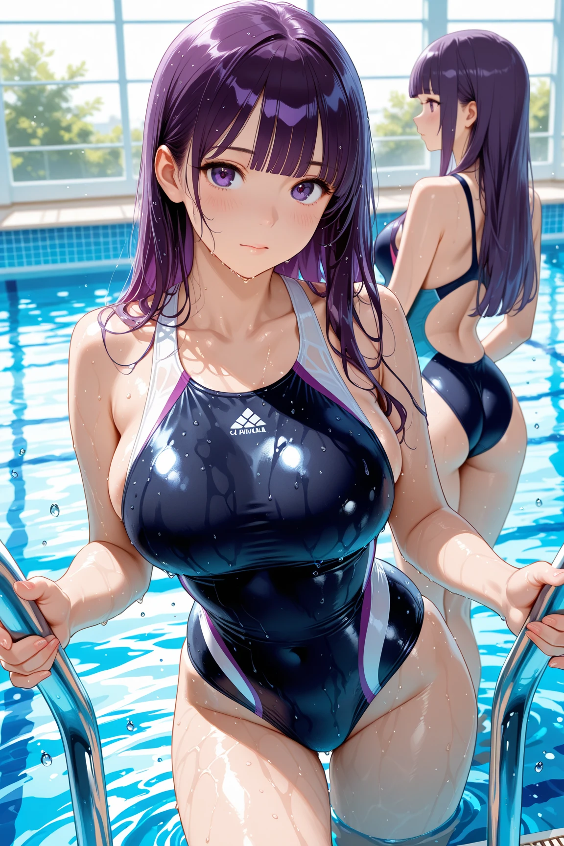 Masterpiece ,best quality , high resolution , ultra detail , colorful , soft light , mild light , sunlight , shinny , (perfect fingers , Detailed fingers, perfect hands) , (1 girl solo:1.38) , (Misato katsuragi) , (black eyes, ponytail , purple hair, medium_long_hair, make up, necklace, tall, slim body,) , (navel , belly , narrow waistline , wear one piece swimming suit , water , moisture , thigh strap, head tilt) , (cleavage:1.15) , (big breast:1.13) , (arms behind back:1.3) , (outdoor , beside swimming pool , blue sky) , (standing cowboy shot) , ( full face blush , shy , smile , open mouth) , (face viewer , look at the viewer)