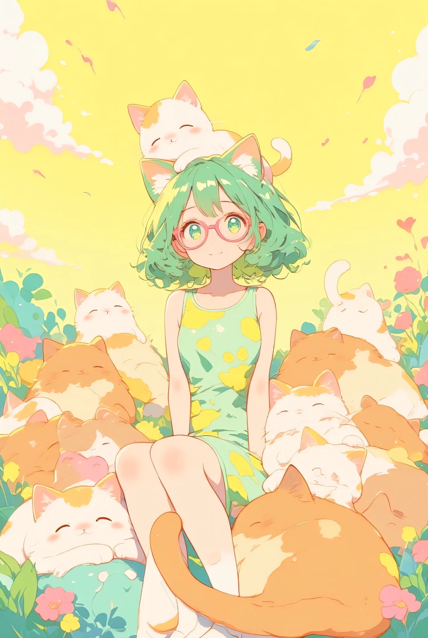 Cozy pastel pop art anime style, whimsical scene with a young girl at the center, short curly green hair, pink glasses, light green dress with yellow cat patterns, surrounded by adorable cats with relaxed expressions, some perched on her head, others nestled in the foreground, pastel yellow sky background, playful and cheerful atmosphere with cute and cuddly cat designs.