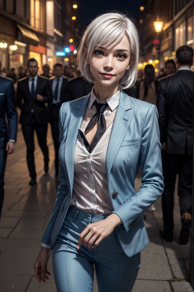 (masterpiece, best quality:1.2), cowboy shot, solo, 1girl, white hair, short wavy hair, purple eyes, average breasts, slender body, light smile, looking at viewer, hands in pockets, lady office suit, cleavage, choker, cityscape scenery, street, night light, night time, smoking cigarette, cigsmoker