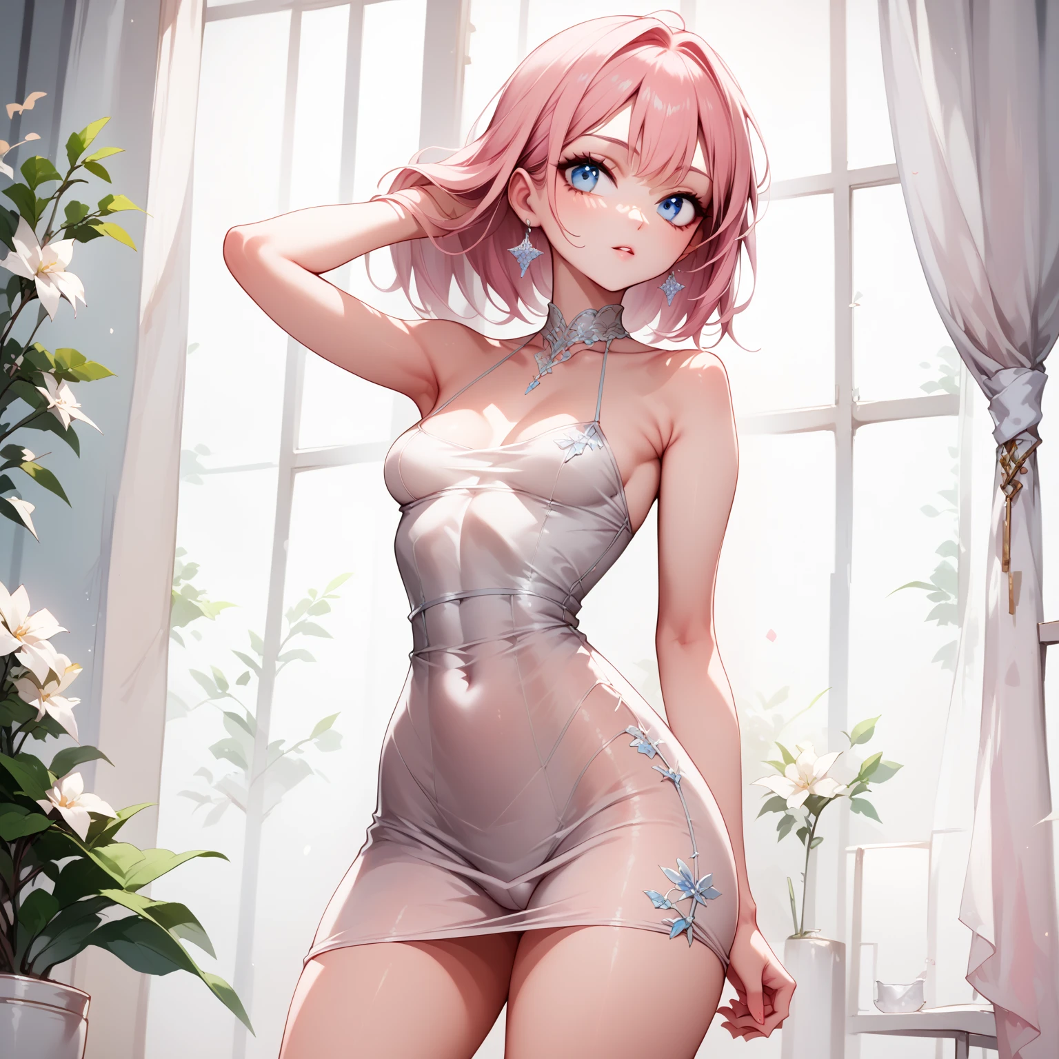 opening legs,Bunny ears,No underwear, the feet,is shy,sitted, Feet,Exposed genitals,clear liquid,Bigchest,Black fully transparent panties,soaking wet,A pink-haired,Hold your thighs from behind with your hands,Emotive expressions,Ambiguous,taunt,on cheongsam
