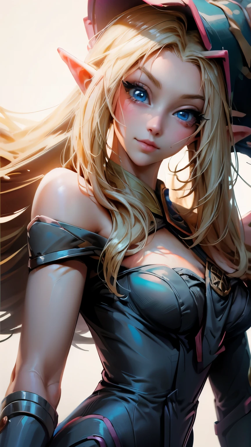Dark Magician Girl, Oscura himself, blond hair, choker, (green eyes:1.5), Long hair,
BREAK bare shoulders, blue shoes, blush, blush stickers, neckline, clavicle, duel monster, has, off the shoulder, pentacle, wizard has, (blue clothes:1.5),
BREAK looking at viewer,
BREAK outdoors, city,
BREAK (masterpiece:1.2), The best quality, High resolution, Unity 8K Wallpaper, (illustration:0.8), (beautiful detailed eyes:1.6), extremely detailed face, perfect lighting, Extremely detailed CG, (perfect hands, perfect anatomy),