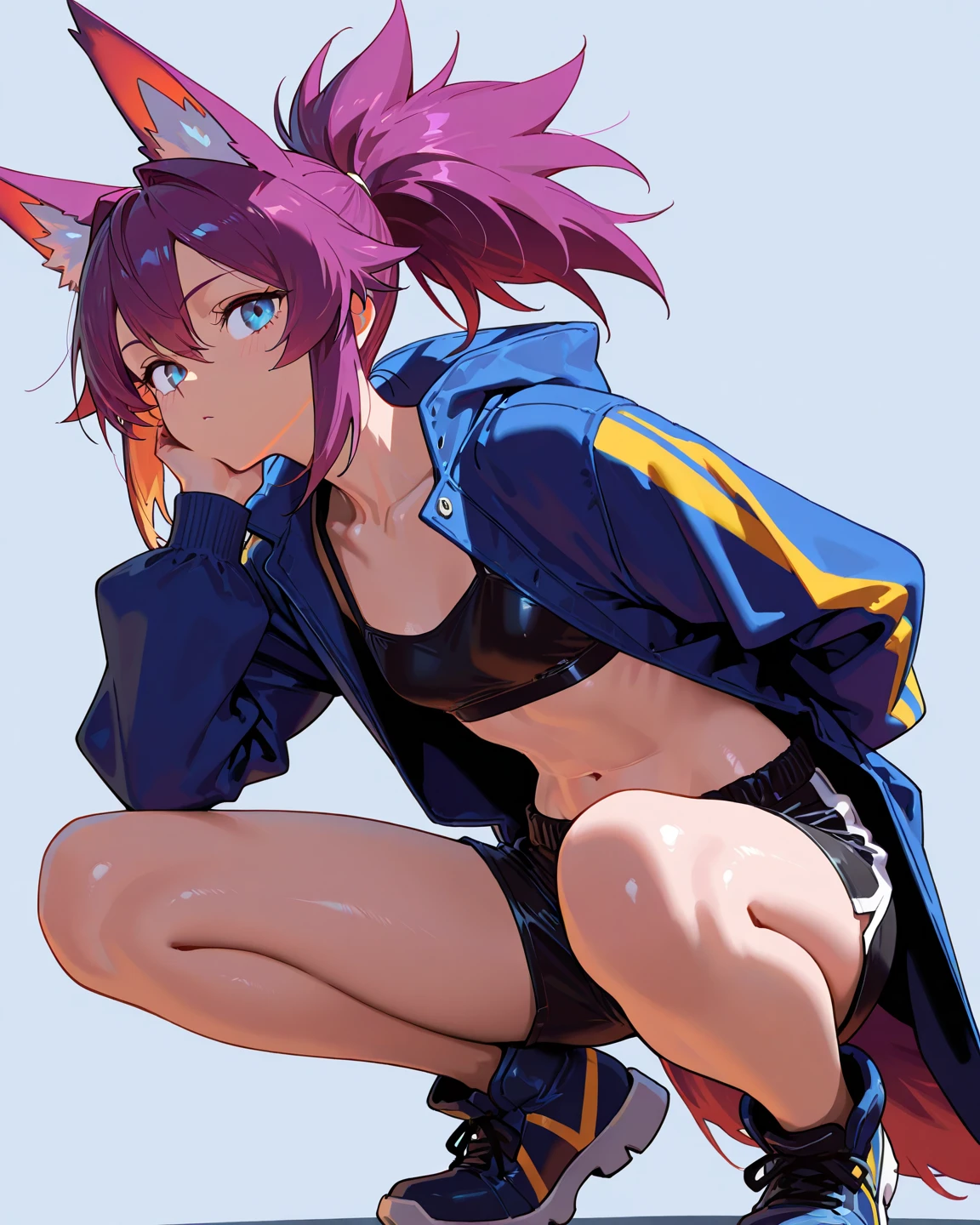 Masterpiece, best quality, absurdres, perfect anatomy, 1girl, solo, pink hair, short hai, black sports bra, cleavage, boobs, black leggings, bubble butt, muscular, hands on hips, rooptop, night, sky scenary, full moon, stars,