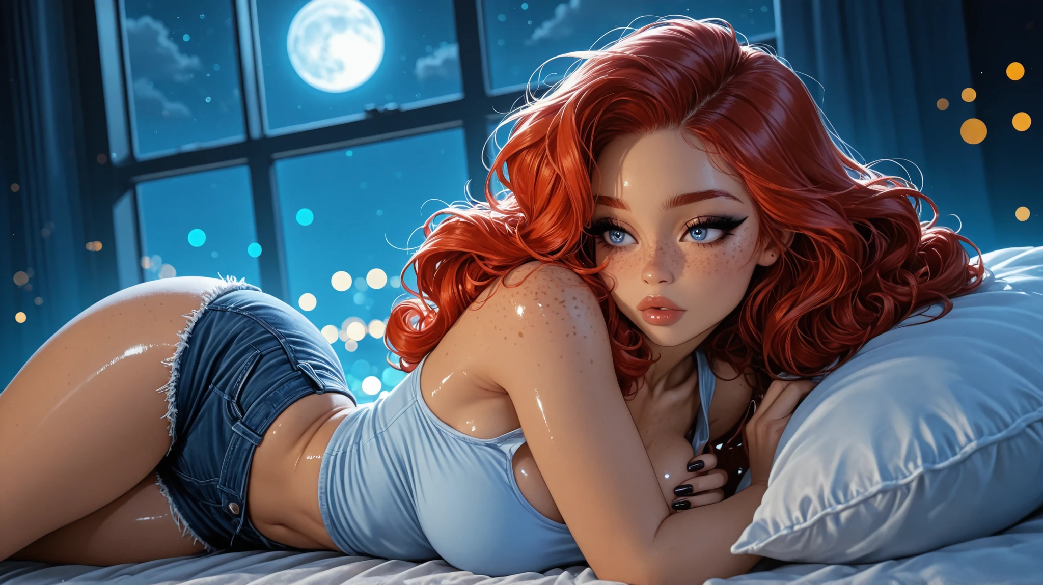 1girl, Solo, mature face, black pointy nails, hands on breasts, nightime, moon in window, soft white blue light, laying in bed, hair fanned out over pillow, shiny lip gloss, cute freckles, heavy eyeliner, shiny lips, tight tank top, tight short jean shorts, curly redhead, High Resolution, Masterpiece, Detail, High Details, High Quality, Super Detailed, Retina, ray tracing, bokeh, depth of field,