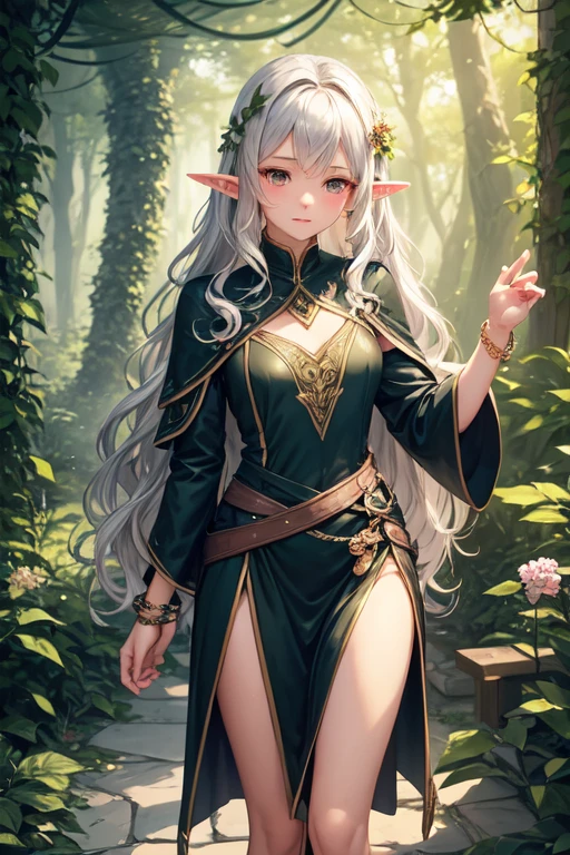 Female young Half-Elf, beautiful, slim, small breasts, small hips, moderate butt, short pale blond hair, long and thin sideburns, captivating green eyes, practical yet finely crafted green druidic robes, adorned with subtle nature-themed embroidery, around her neck, she wears a pendant made of intricately carved wood.