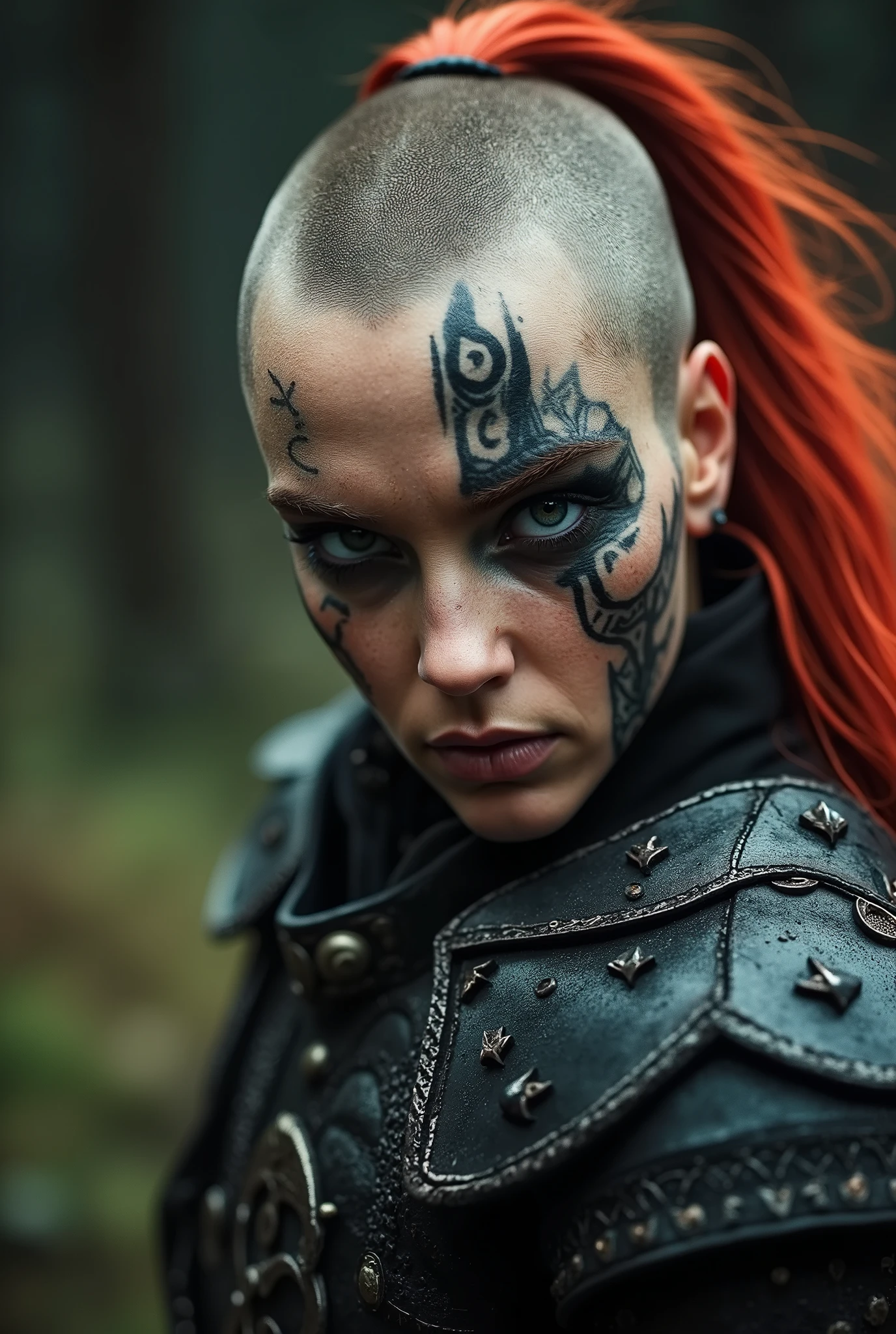 White woman, frightening appearance, black elaborate armor, shaved head except for red tail, pronounced black makeup, tattoo on face, ((pale skin)), Mystical warrior