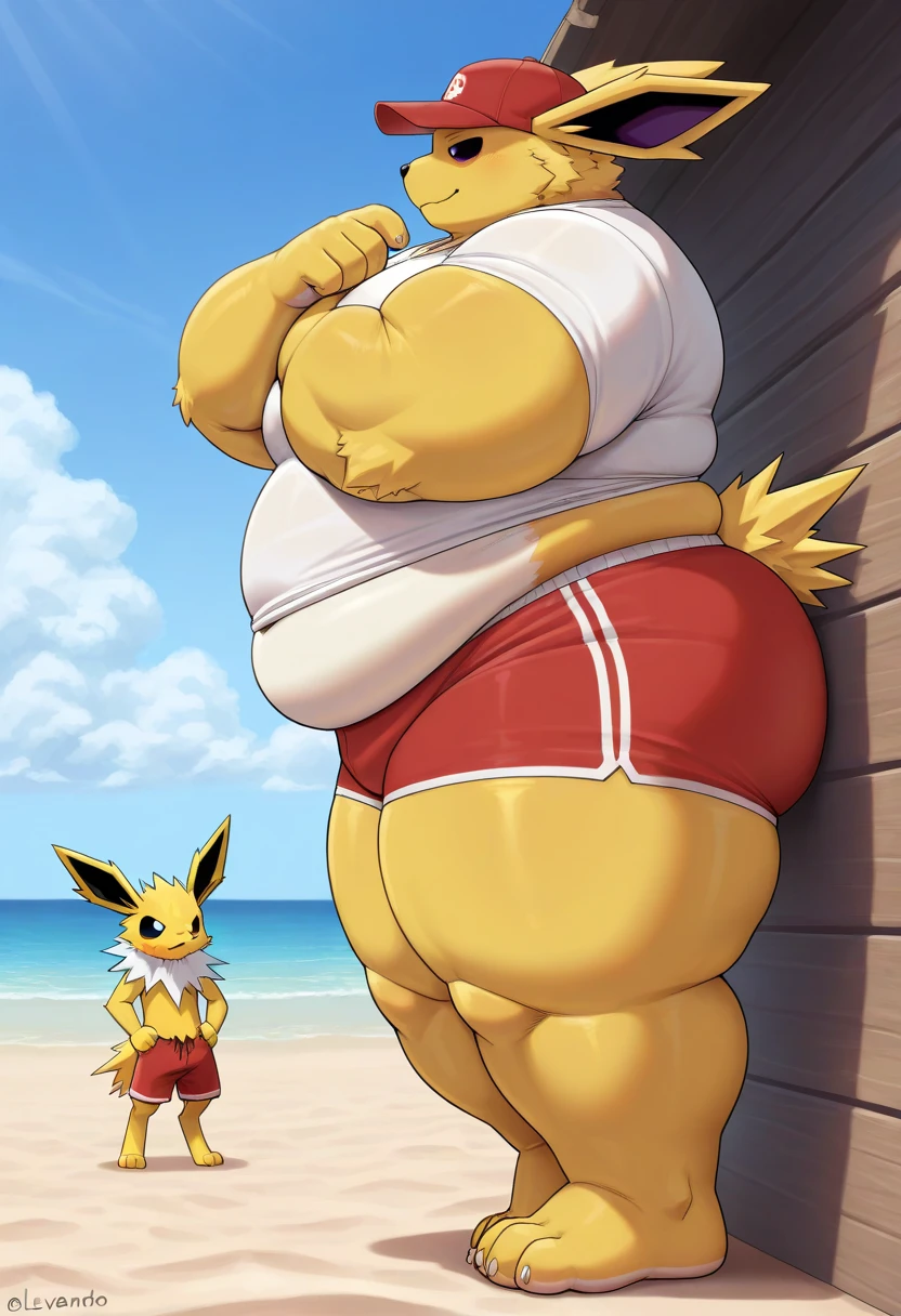 Giant Anthropomorphic Jolteon Pokemon Man, Purple Eyes, Muscular, Looming over the viewer, Tired, Handsome, Charming, View from below, Daddy, Bara, Horny, Flirty, Older Brother, Four toed feet, teasy, teasing the viewer, Macro, Bully, Jock, flirting with tiny viewer, Floral Swimshorts