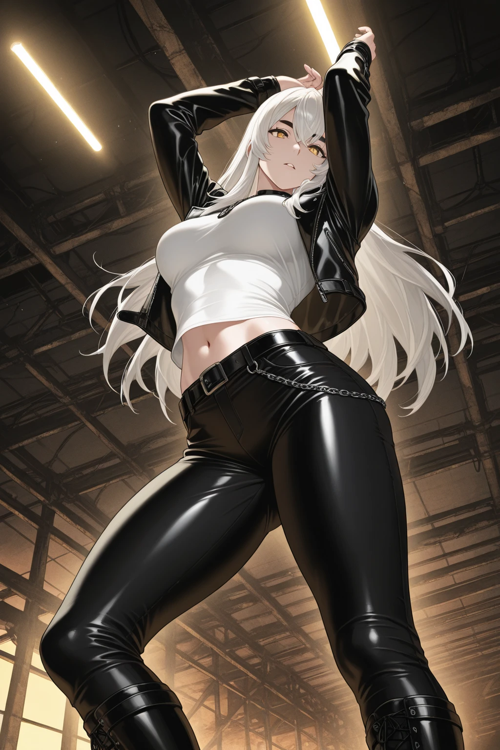 1人の女性、girl with、Semi-long、Gradient hair color、Loose Wave、leather jackets、short leather skirt、short leather boots、Eyes Like Gems、Anime Art Style、barechested、Quality clothing décor、High-quality ornaments、Platinum Blonde Hair、Beautiful skin、Rin々Shii Pose、Sunglasses on the head