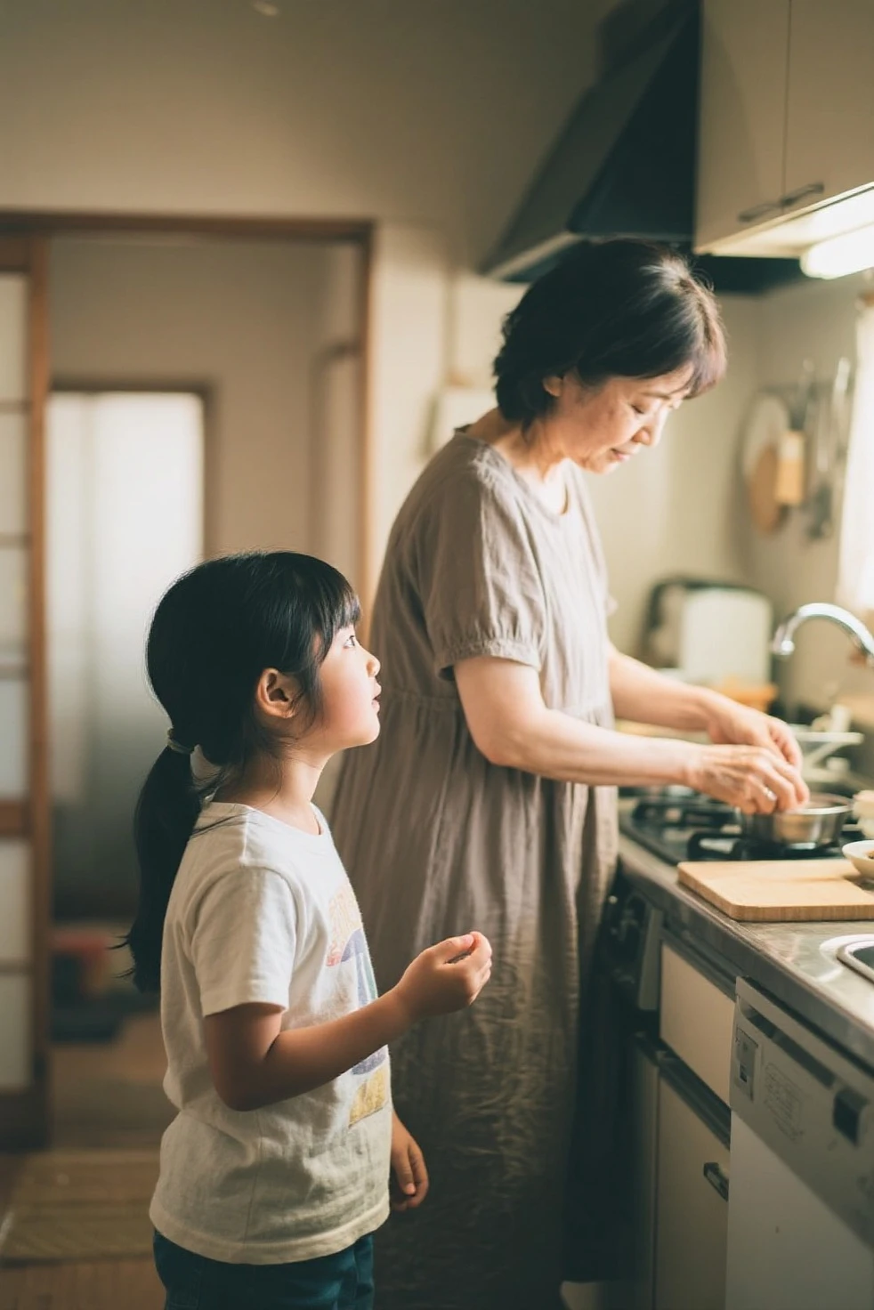 very big huge fat shubby wasted mature mum cooking in the kitchen with her six years old daughter,