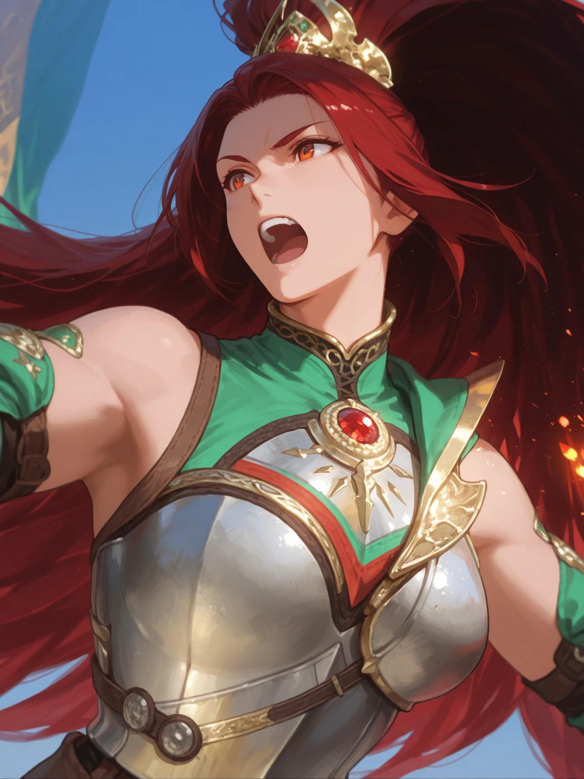 Adult female, fantasy, fantasy arena, bloody, happy, bloody smile, perfect smile, highly detailed, very short red hair, emerald green irises, barbarian, toned body, well-defined abs, thin robes, fighting