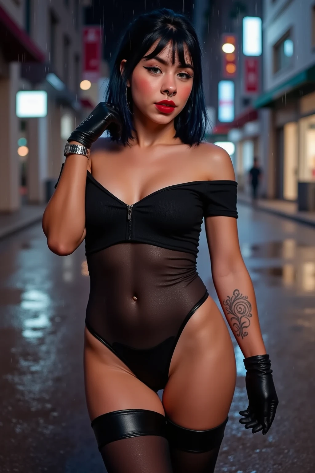 18 years old indian girl model, topless, Athletic body, extra large breasts, sexy gothic shorts, no bra, open jacket, short gothic hair, goth makeup, topless, boots, bright light, kneeling on ground, crowded, wet body, water dripping, huge breasts
