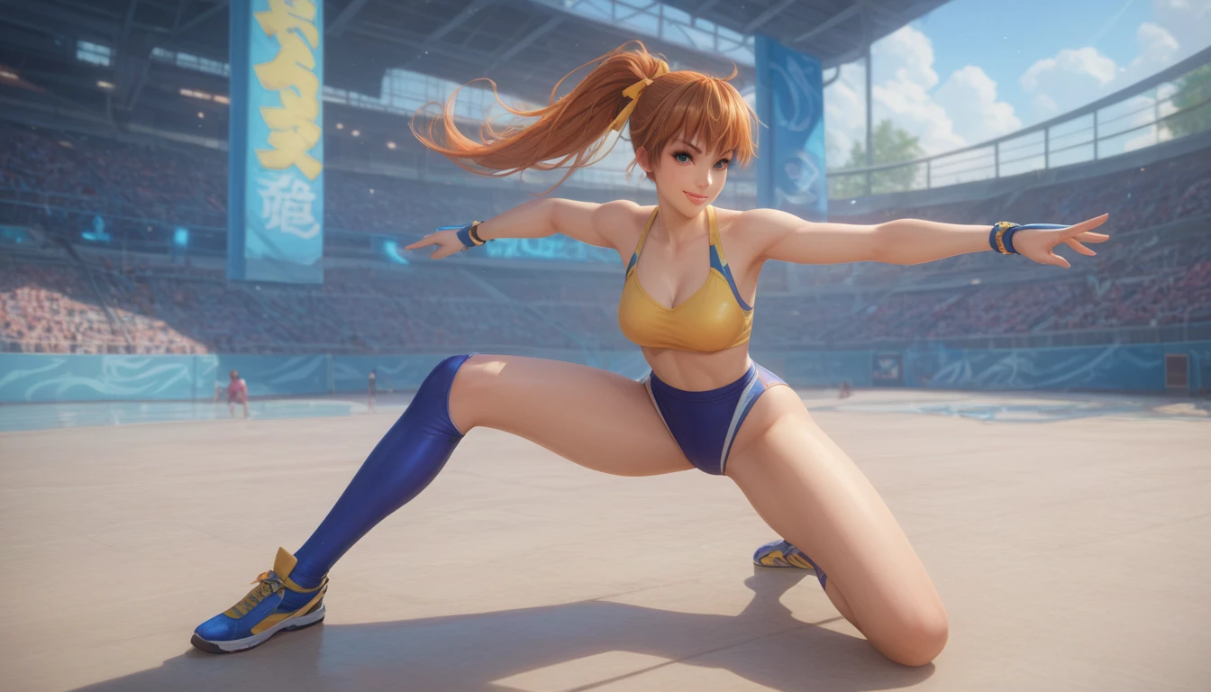 (best quality,ultra-detailed,realistic:1.37), HDR, strong shadows, vibrant colors, dynamic lighting, detailed facial features, detailed muscles, muscular and powerful physique, intense expression, impressive wrestling moves, wrestling ring, gym background, sweat dripping, intense action, professional bodybuilding atmosphere, dynamic composition, Asuna Yuuki dominating the wrestling ring, focused and determined gaze, powerful stance, defined muscles, commanding presence, Asuna Yuuki's shirtless and barefoot appearance, showcasing strength and athleticism, bodybuilding championship, capturing the essence of female bodybuilding, energy and adrenaline, competitive spirit, capturing the intensity of the sport, masterful depiction of Asuna Yuuki's physical prowess, capturing the beauty and strength of the human form.