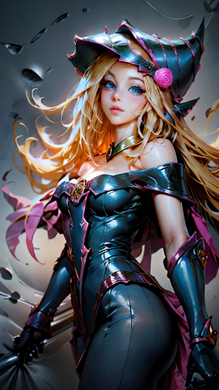 Close-up of the beautiful face of the dark magician girl, blonde, Blue eyes, beautiful. Extra long eyelashes. Blue eyes cristalinos. brio in the eyes. sensual lips. long blonde hair. Exposed shoulders, visible breasts. small pink nipples. naked. Big naked breasts Angelic smile, Beautiful well detailed face of the dark wizard Gils.. She is flirtatious with the viewer... Long and large eyelashes. Half body focus.