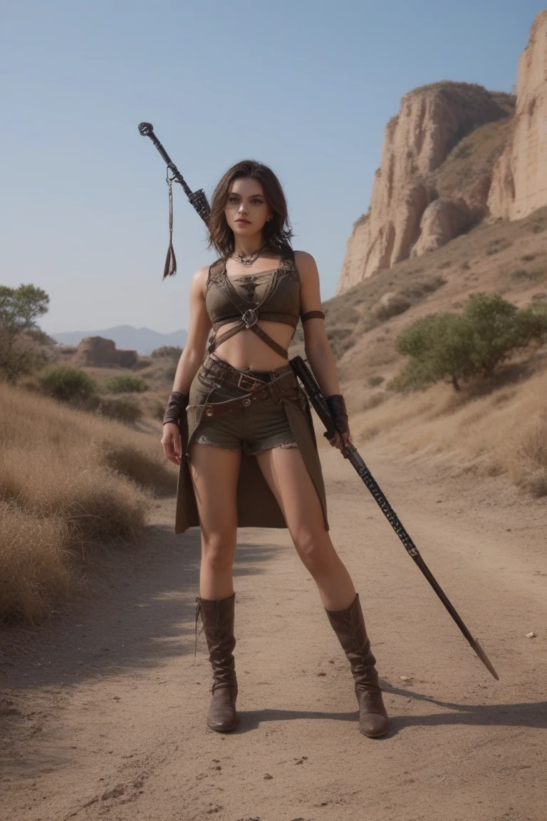 Full body portrait, 8K, masterpiece, The most detailed, Highest quality, Perfect appearance. Too realistic, Create a fit, woman, barbarian,Charming eyes,Tan skin, muscle, bounce, (Long hair:1.3), Animal skin tops,Animal skin skirt,hunter costume,dark theme, Dense forest, Full Moon, night, dark,