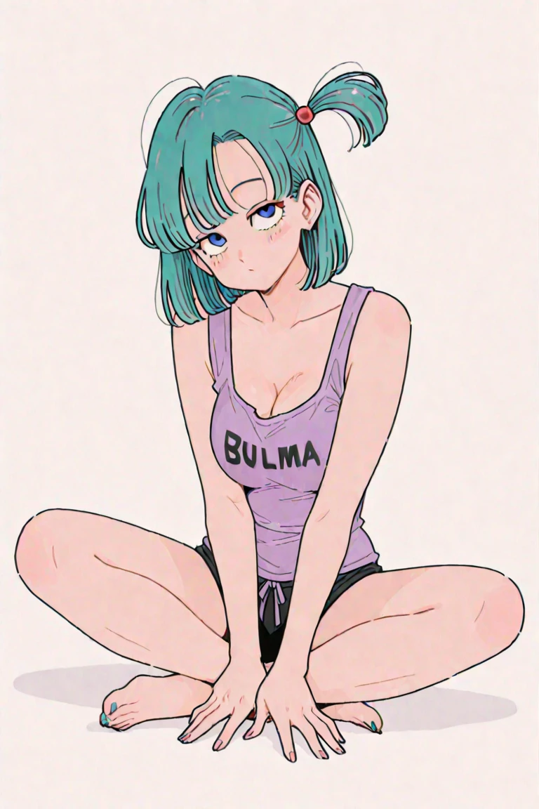 (ultra-detailed), (high resolution), lum, 1girl, solo, long hair, breasts, blue eyes, medium breasts, green hair, horns, makeup, white gradient background (girl Whole body :1.3), squatting legs, (beautiful detailed light blue eyes), the anatomy is correct, anatomically correct fingers, (Adidas Clothing), frown, fume, jitome, best quality, (masterpiece), (high quality), 16k, super detail