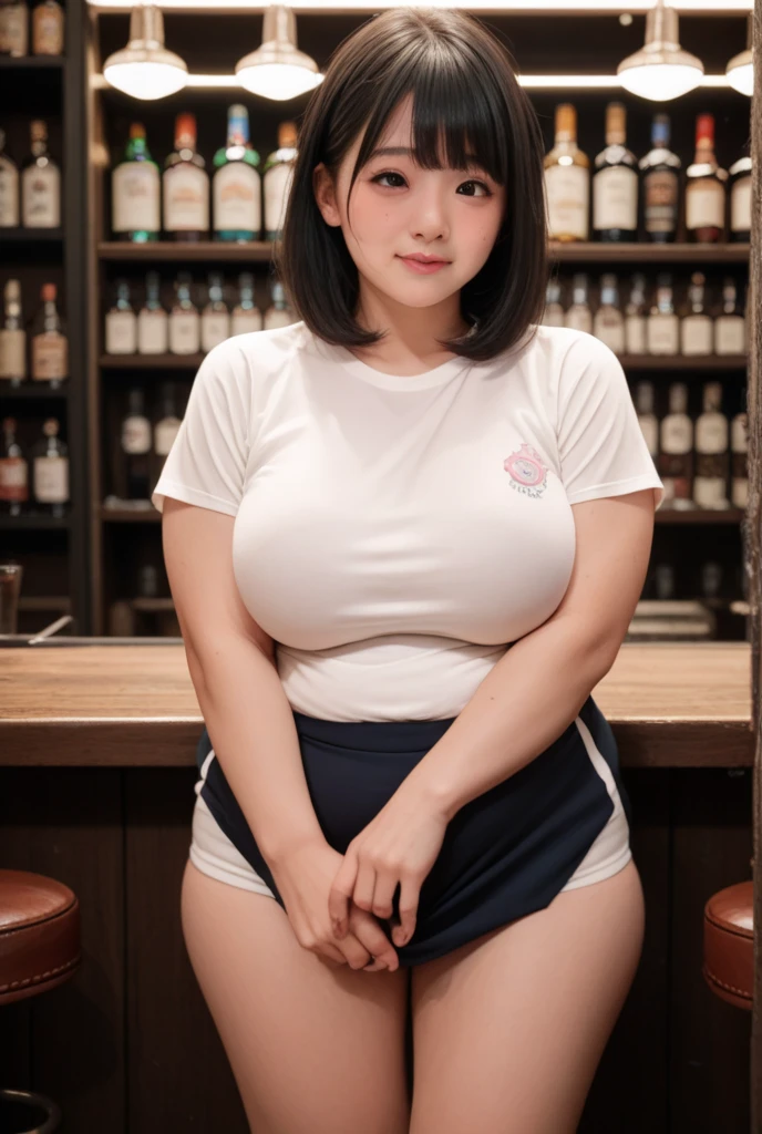 (Canon RF85mmf/1.2,masterpiece,Highest quality,Ultra-high resolution、)((Beautiful chubby woman 20 years old solo)) ((Highest quality、8K、masterpiece))((Photogenic quality:1.5))((Plump round face))(Happy smiling face showing teeth))Super detailed face、(Beautiful face with droopy eyes)((Full-body portrait of a person wearing a tank top and shorts:1.5))((Accurate human body depiction:1.2))low length、Huge breasts showing cleavage、Plump thighs、Plump and chubby body、Ponytail Hair,Working as a waiter in a bar、Bright front-lighting、