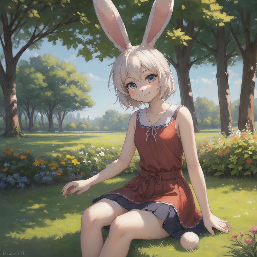highest quality,masterpiece,16K or 8K,Super detailed,white background, blondhair kemono,girl,(long floppy rabbit ears),rabbit story, golden eyes, Big eyes ,Flowers and colorful plants, beautiful,magical forest,colorful butterflies,cute,fantasy, pastel academia, dappled sunlight, soft lighting, full body shot, Happy, sitting on the floor, (looking at the viewer), shy, My cheeks turned red, sitting on the floor、White skin、Holding rabbits