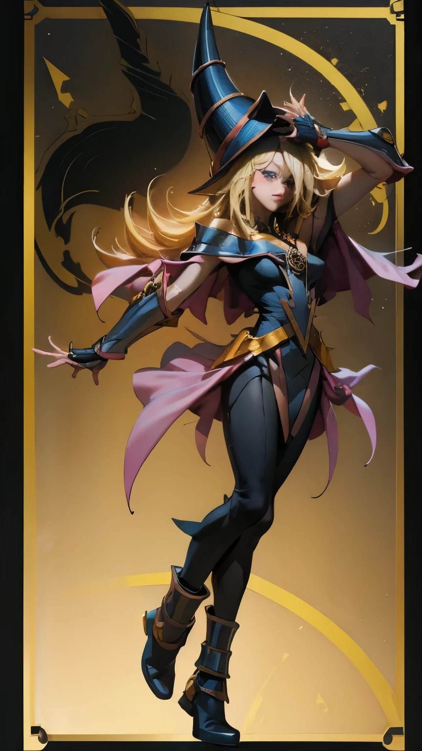 Darck Magician Gils in Black Suit and Vivid Gold. takes full body.  diva pose  