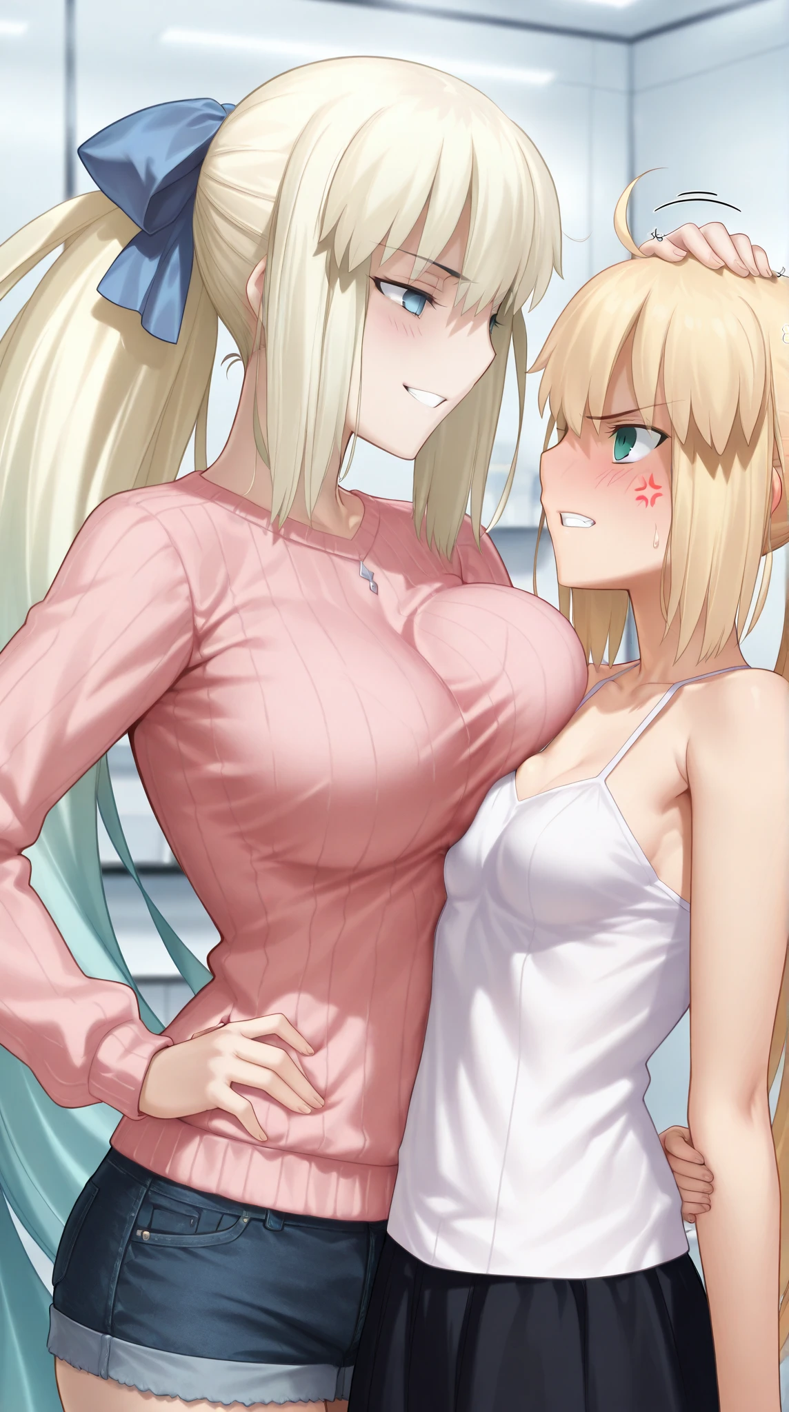 masterpiece, best quality, highres, hmmisaki, long hair, symbol-shaped pupils, +_+, large breasts, white gloves, elbow gloves, white thighhighs, smile, Shoulder bag Cleavage Earrings, necklace, clavicle, Off the shoulder, Sweater Dresses, Short sleeve, White knee socks, street, Are standing, Cowboy Shot, smile, , Open your mouth, In town panic++++ Embarrassed+++ Excited+++ Two Women Insert Embrace++++ Sex+++ (Rub the chest firmly,)