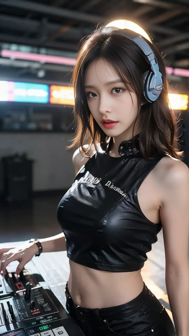 ((best quality, 8k, Masterpiece:1.3, 1 woman, beautiful girl)), height, cute, dynamic, detailed face, Fine skin, Detailed eyes, detailed lips, realistic, raw image, natural light, perfect anatomy, โพสท่าแบบdynamic, Round buttocks, Toned legs, Double eyelids, tear sac, weather, Moist lips, (ศิลปินbeautiful girlในDJ set), ((DJ set)), transparent glasses, clothless underwear, white shorts, (earphones dj rave, earphones, DJ at , Rave DJ Party), Big speakers in the background, (colorful hair), interior color, Smokey, steam, crowd, upper body, smile, Japanese girl, neon light in the background, detailed clothing, Sweating, ecstasy, (Black tattoos on arms and hands:1.2), soft breasts, smooth, ponytail, white hair, armpit, cum on breasts, Cutout pants, from the front, alcohol, cocktail, Wet hair, wet body