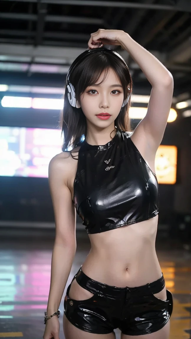 24 year old female dj live on stage, female dj, djing, headphones, dj set, huge audience, dynamic light, electro music, black leather pants, ((naked)), very skinny, (big breast), (glow body), slim, long hair.