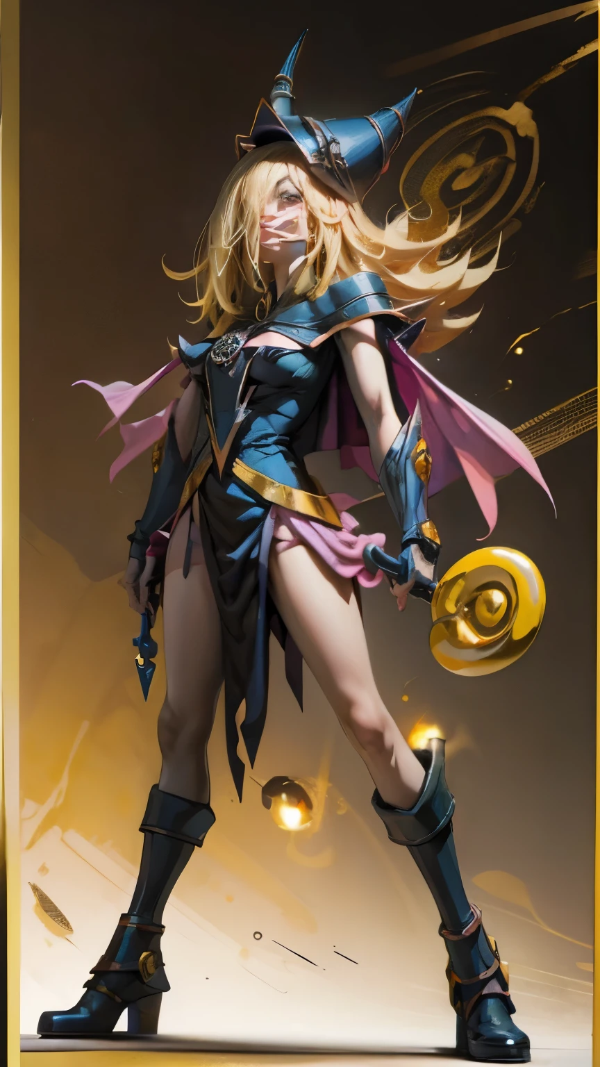 Darck Magician Gils in Black Suit and Vivid Gold. takes full body. Fight pose . She has magic in her magic staff.