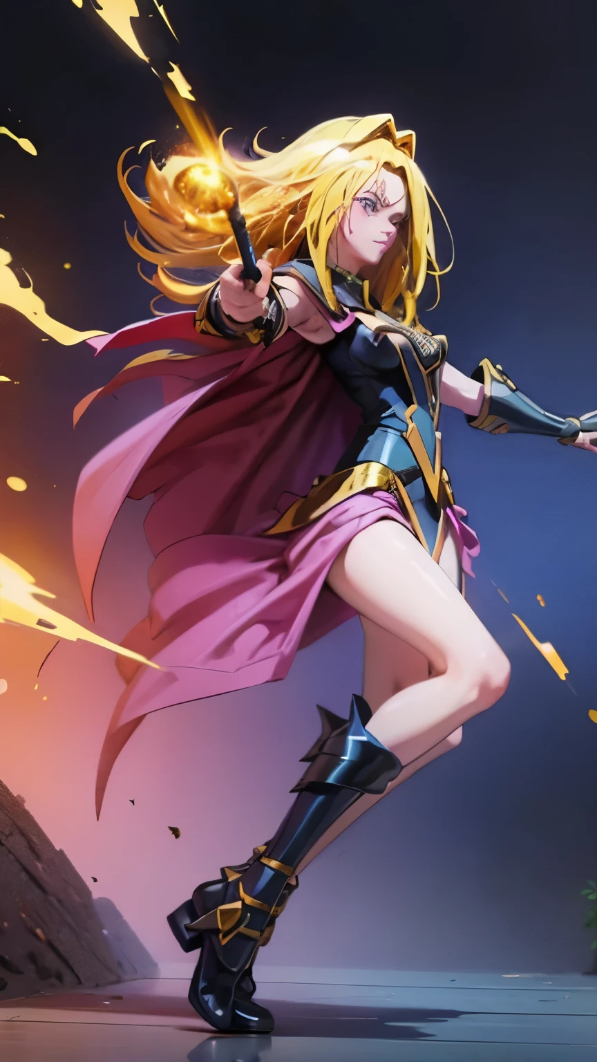 Darck Magician Gils in Black Suit and Vivid Gold. takes full body. Fight pose . She has magic in her magic staff.