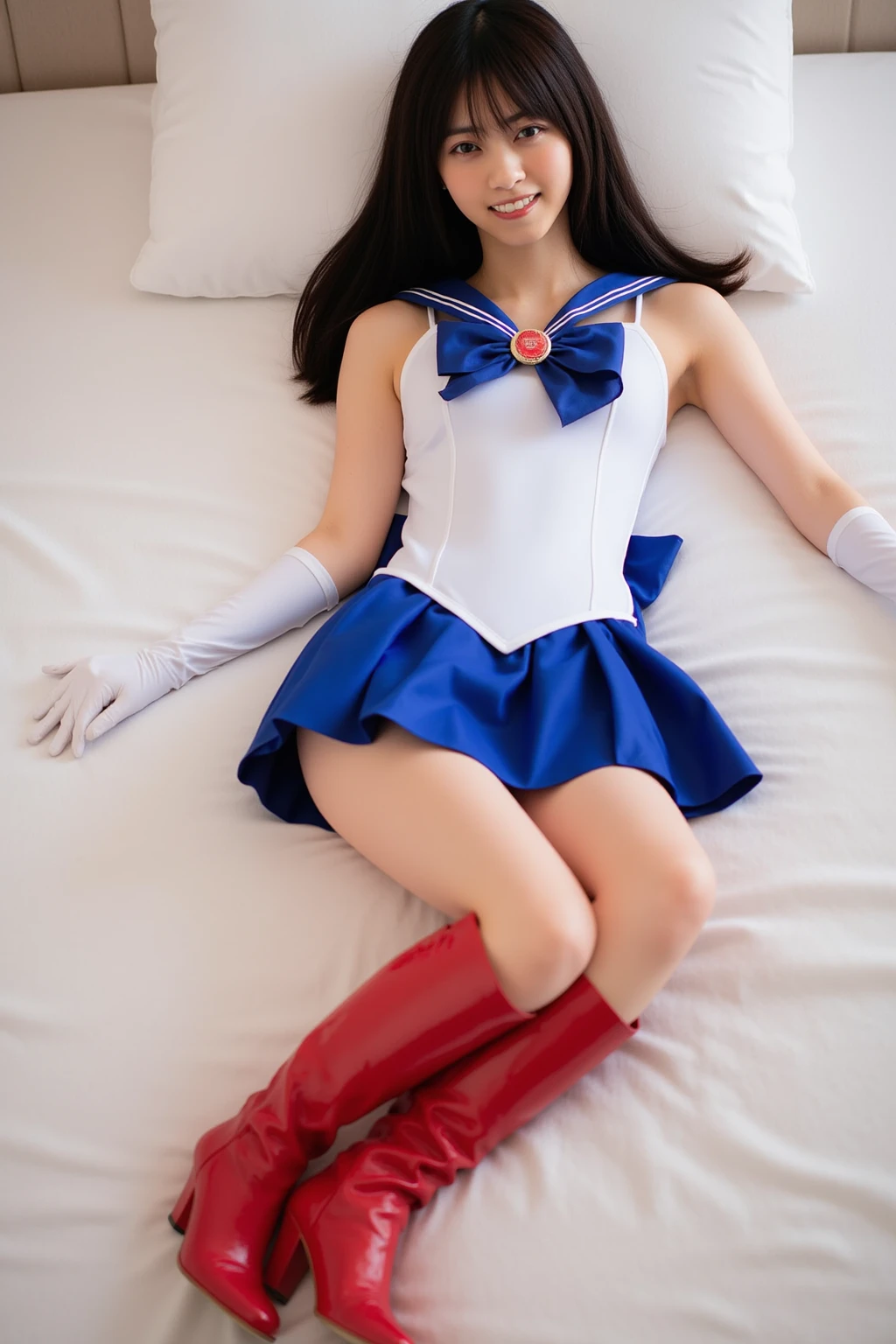 (best quality, high quality, realistic, photo realistic),1girl, sailor senshi unifoem, {{magical gloves, magical boots}}, bow, brooch,pleated miniskirt, magical girl, earrings, long hair, nsfw, latex, large_breasts, korean idol, holding wand, wand, wand effect,agic effect, standing, crossed legs, dakimakura, idol, akb48