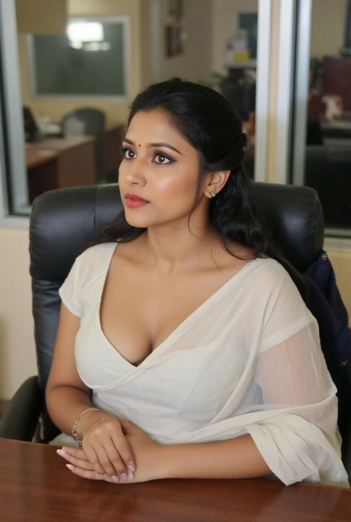 Day scene, full body photo of a plus sized 23 year old indian with a man from top view, (Masterpiece, Best Quality, High Resolution), class room Background, (cum Splash on her blouse and face, cum Splash on her face, Splash of cum, cum Splash on her gown, cum Splash on her eys), Sweet 35 year old South indian teacher sitting on a class room chair with a man, hour glass body red lips, blue colour silky hijab, lightly makeup,ultra realistic, realistic, look at viewer (cinematic:1.3), intricate details,