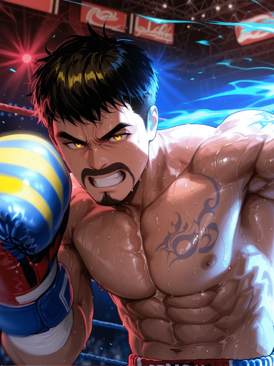 (best quality,ultra-detailed), portraits, vibrant colors, studio lighting, intense action, powerful punches, energetic poses, dramatic composition, dynamic movement, high impact, intense emotion, detailed facial expressions, athletic physique, fast-paced, adrenaline rush, competitive spirit, skilled fighters, realistic fight sequences, motion blur, professional boxing ring, cheering crowd, intense atmosphere, sweat and exertion, determination and resilience, artistic representation.