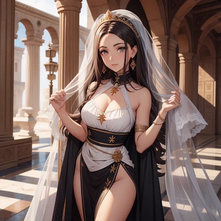 This girl with a slim and perfect body is called Neferi. She is a 15-year-old girl and has an elegant and regal appearance.. Her long, dark hair is braided with golden beads and adorned with ostrich feathers.. She wears a short white linen tunic with gold embroidery open from the front showing her beautiful thighs and hips. She also wears a royal blue linen cape..
Phenotype: His almond-shaped eyes are an intense amber color., and his skin is a warm tone, like the sand of the desert and shows off her perfect body and large, beautiful and firm breasts, Neferi Girl is brave and strategic. hot girl, back angle