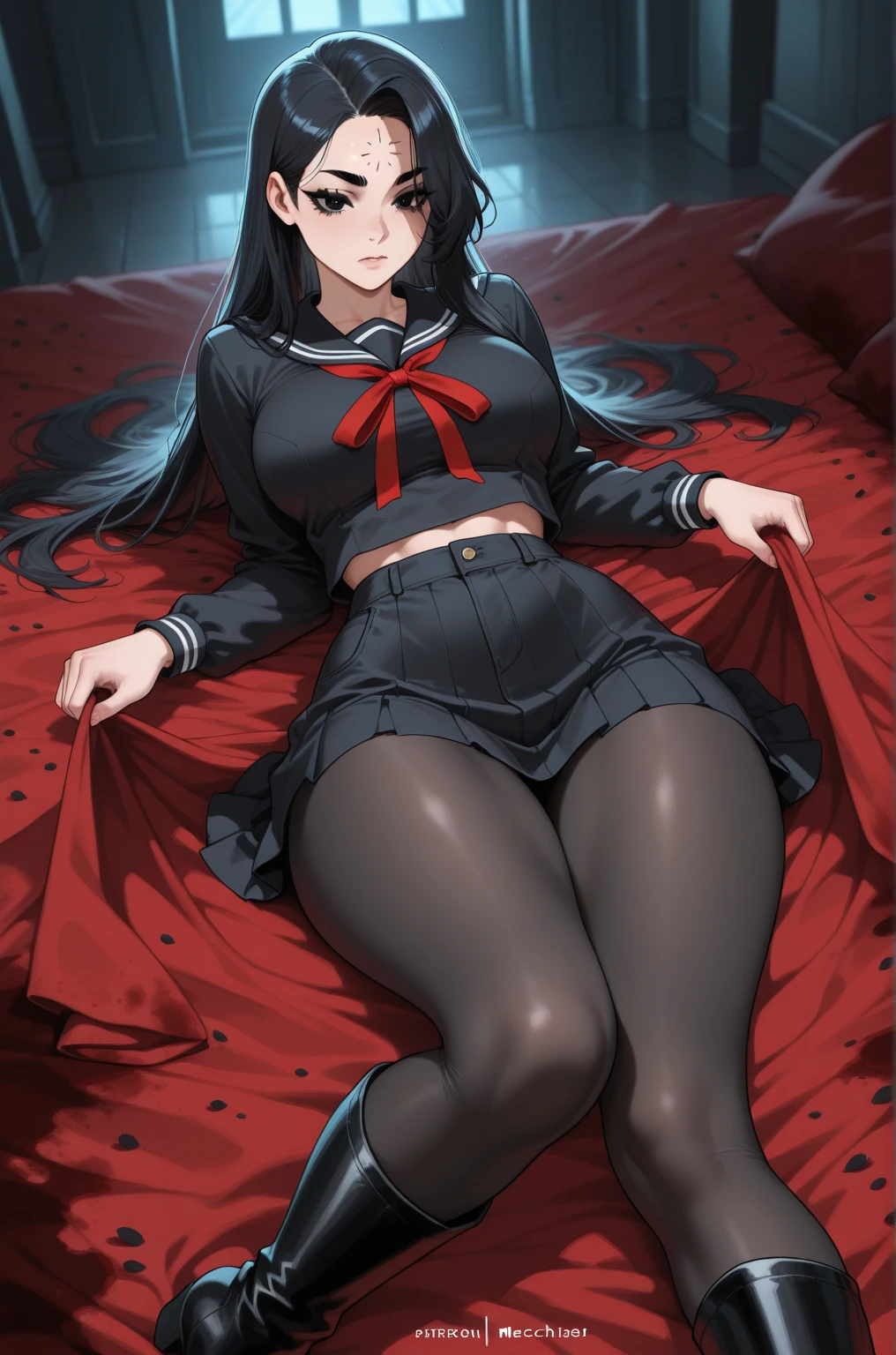nsfw, girl lays on a bed, 1girl, solo, breasts, ,black hair, long hair ,((lying on back)),black long-sleeved sailor uniform, black pleated skirt, (messy clothes: 1.0), (Background: on bedroom bed),(large breasts),blush,(embarrassed), surprised, upset, parted lips, sweat, (snakes 1.5), (snake tail), (Diagonal angle), pretty girl, looking up, sunset, best quality,detailed,high resolution,
